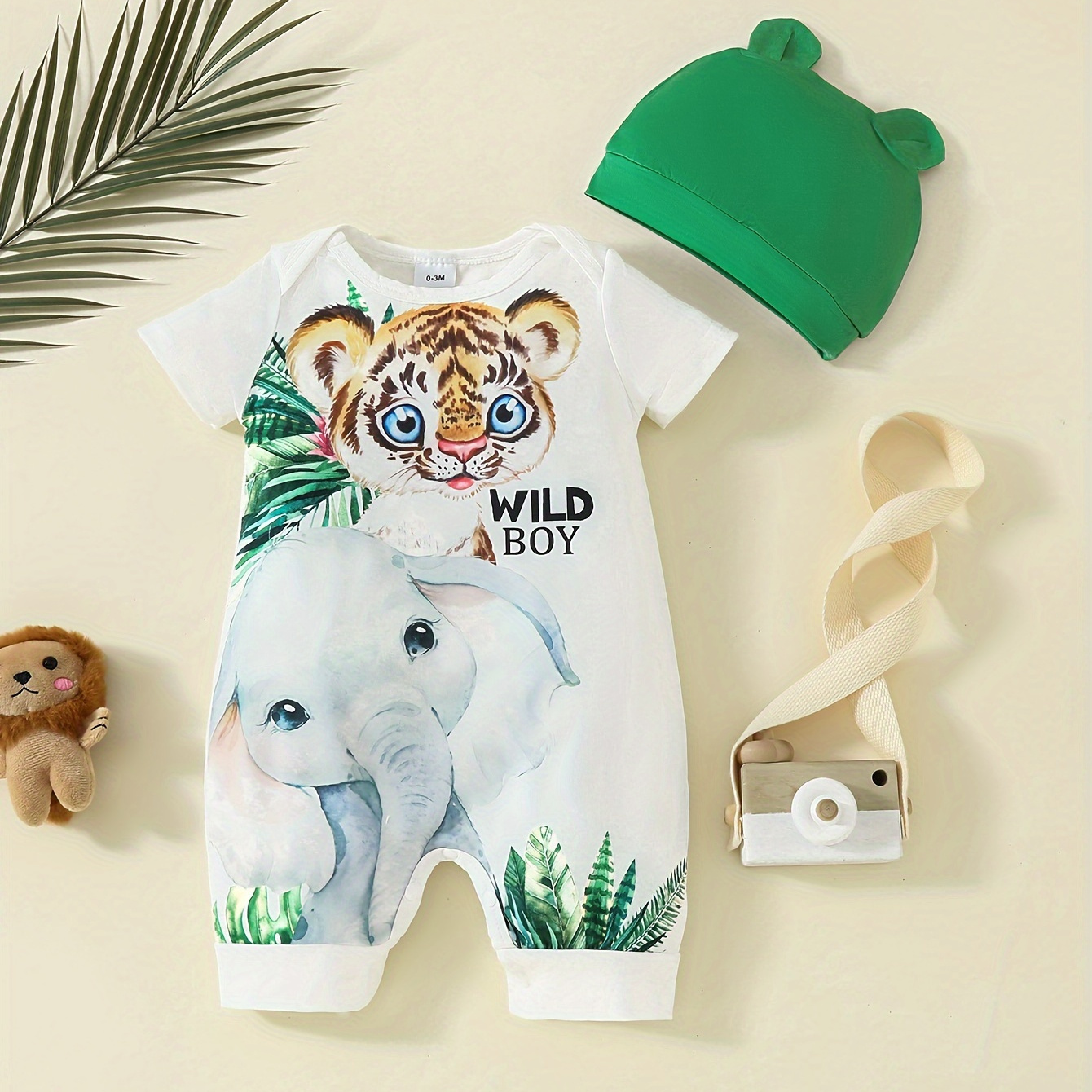 

Infant's Cartoon Tiger & Elephant Pattern Bodysuit, Casual Short Sleeve Onesie, Baby Boy's Clothing