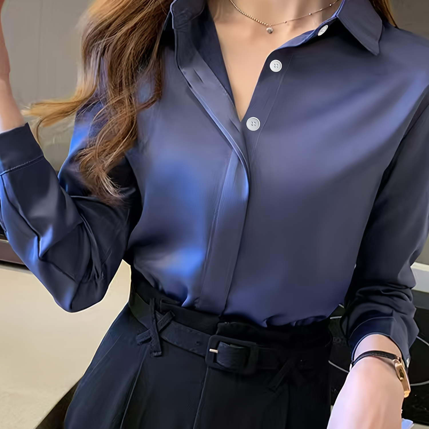 

Blue Long Sleeve Blouse For Women - Professional Workwear, Semi-sheer Polyester, Button Detail, Spring/fall