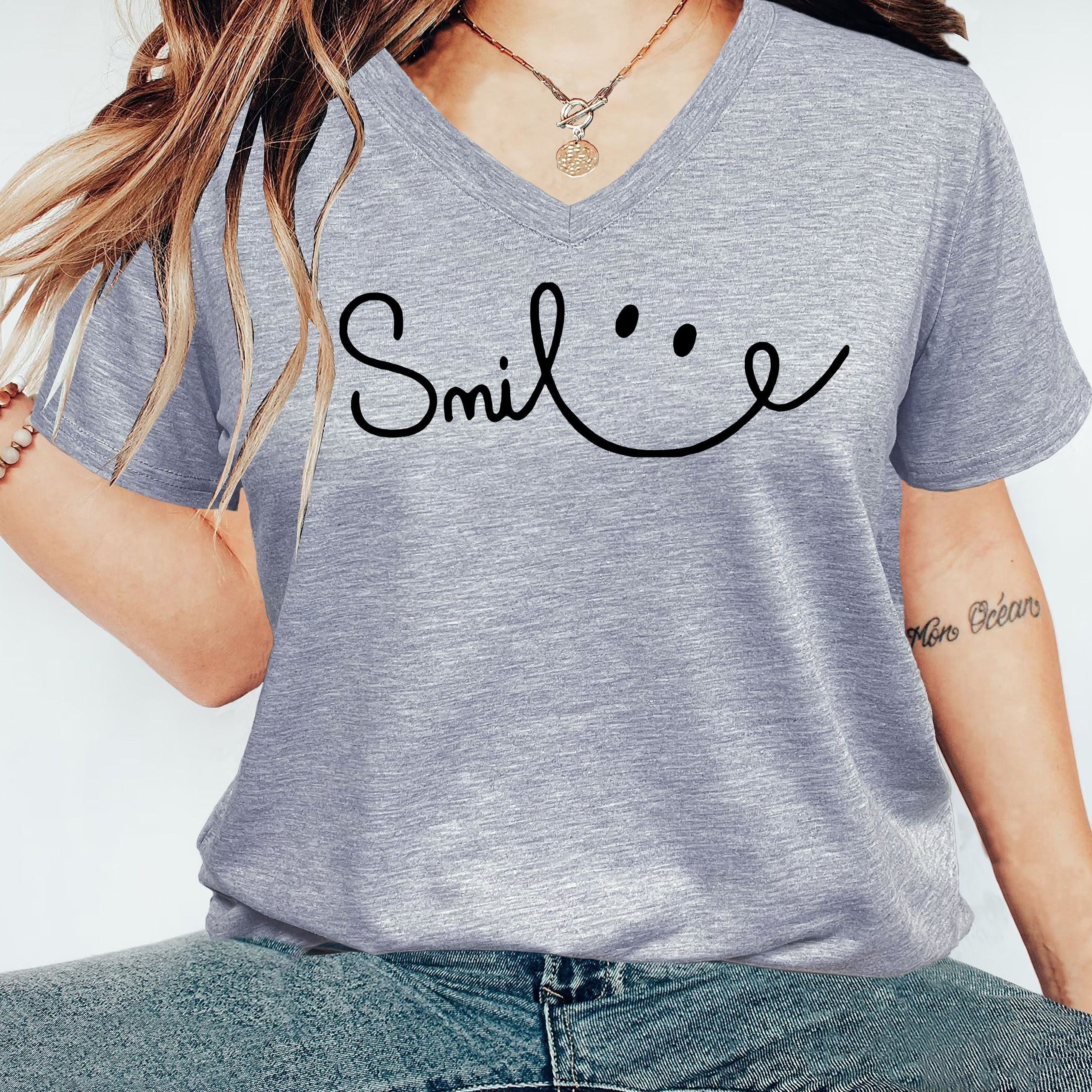 

Letter Print V Neck T-shirt, Casual Short Sleeve T-shirt For Spring & Summer, Women's Clothing