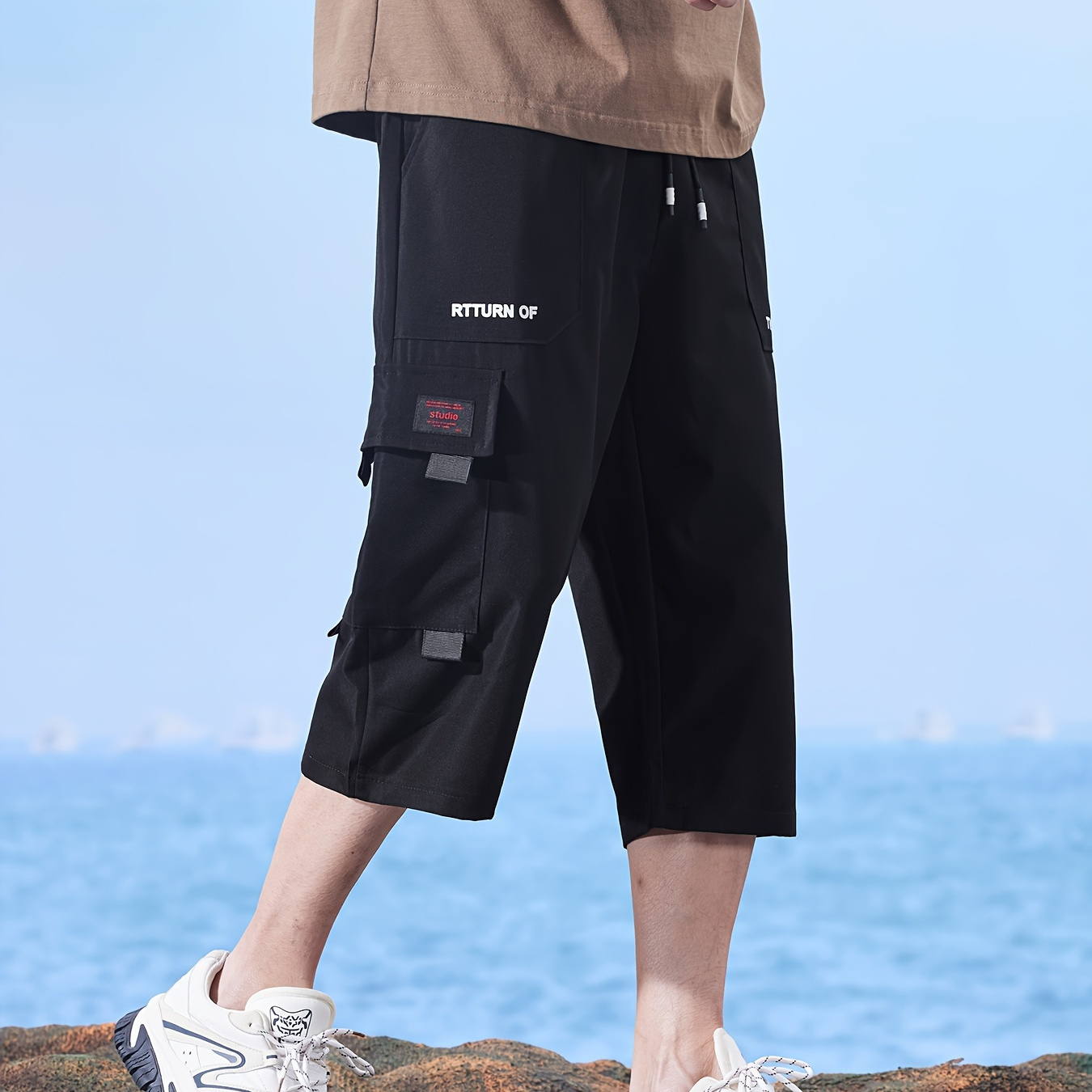 

Men's Loose Rtturn Of Graphic Print Cargo Shorts With Multi Pockets, Casual Drawstring Shorts For Outdoor