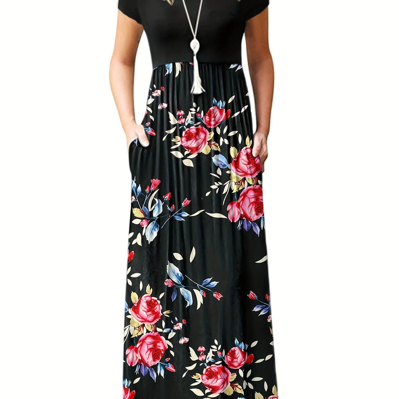 

Robe À Imprimé Floral Avec Poche, Robe Élégante À Manches Courtes Pour Le Printemps Et L'été, Vêtements Pour Femmes