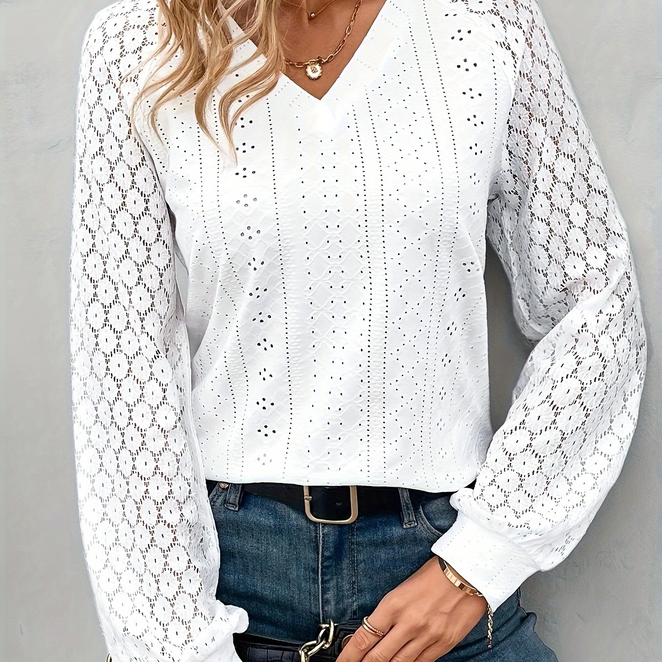 

Solid Eyelet V Neck Top, Casual Long Lace Sleeve Top For Spring & Fall, Women's Clothing