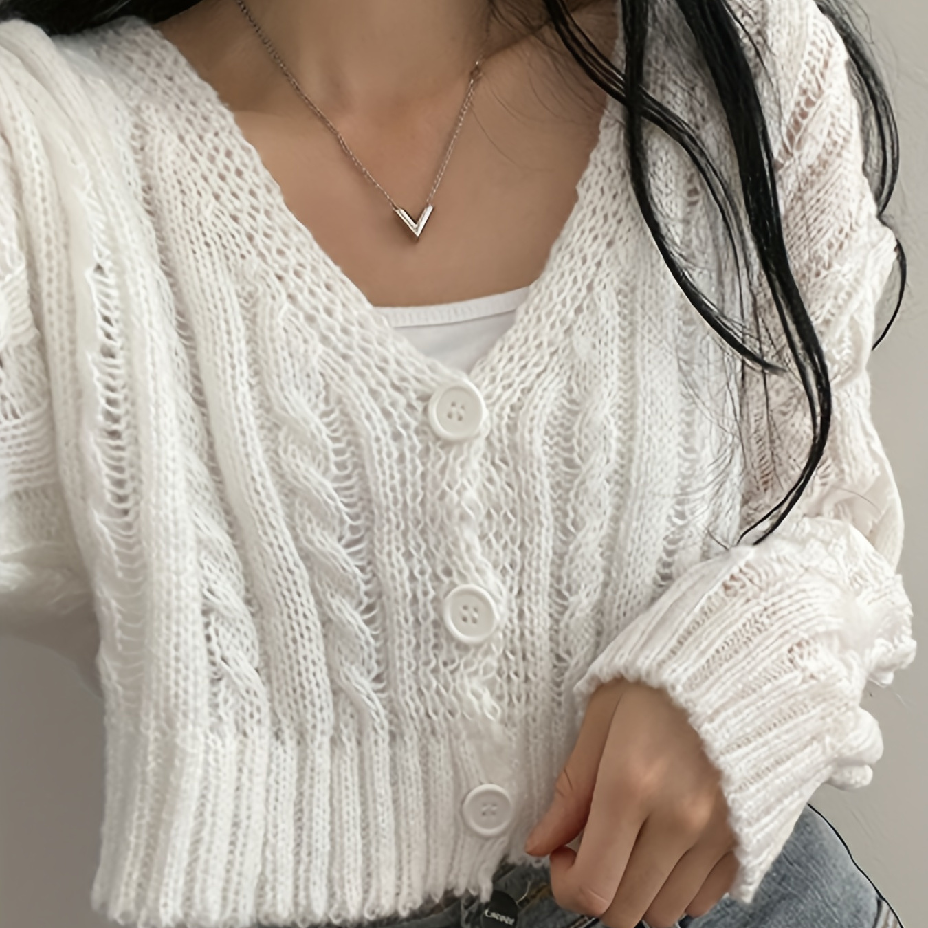 Solid V Neck Button Up Cardigan, Casual Long Sleeve Crop Sweater For Spring  & Fall, Women's Clothing