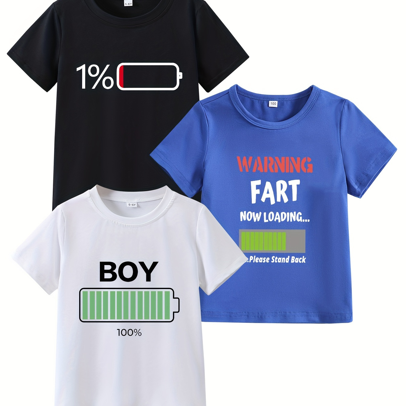 

3-piece Boy's Short Sleeve T-shirt, Creative Battery Charge Graphic Print Crew Neck Comfy Casual Summer Tee Tops