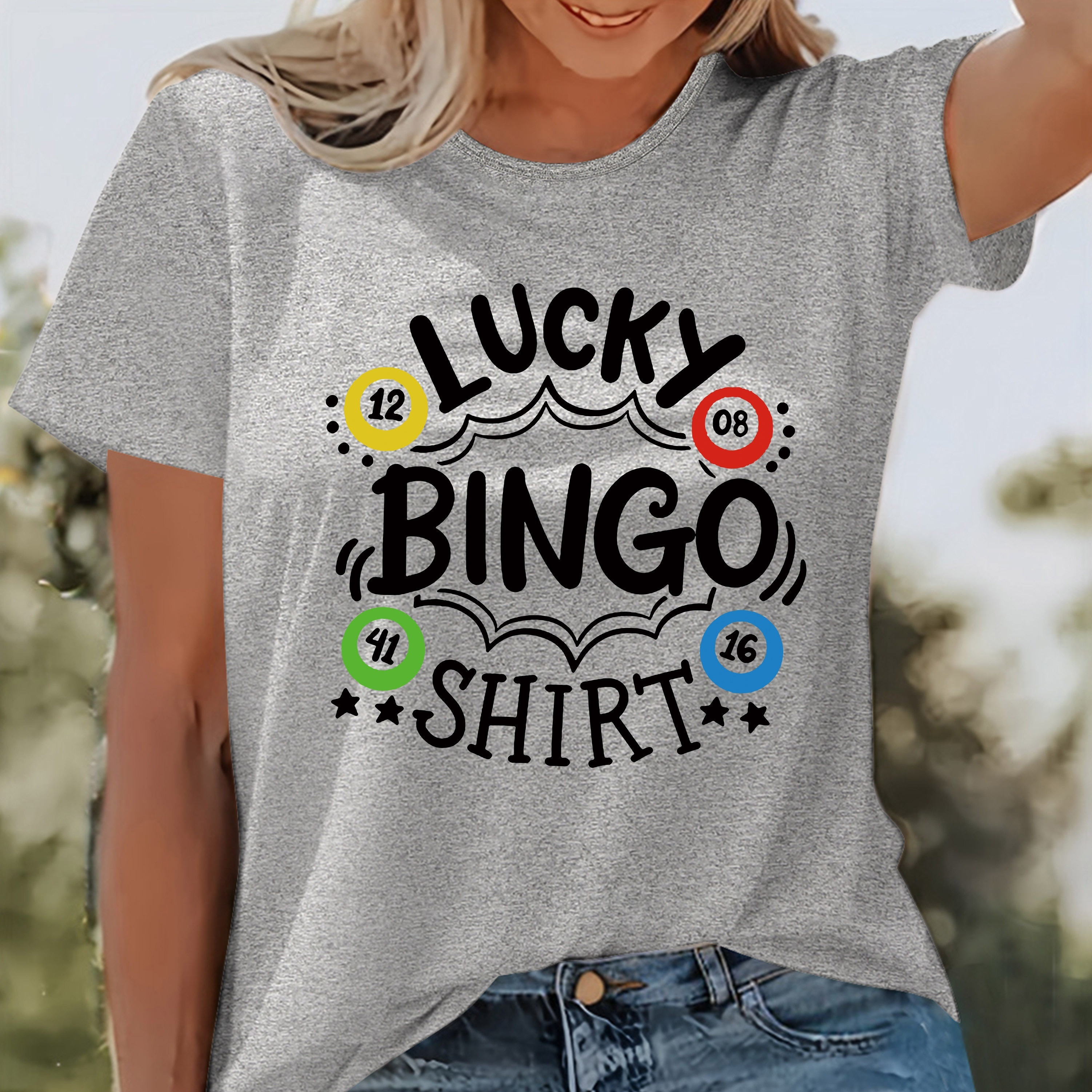 

Lucky Bingo Print T-shirt, Short Sleeve Crew Neck Casual Top For Summer & Spring, Women's Clothing