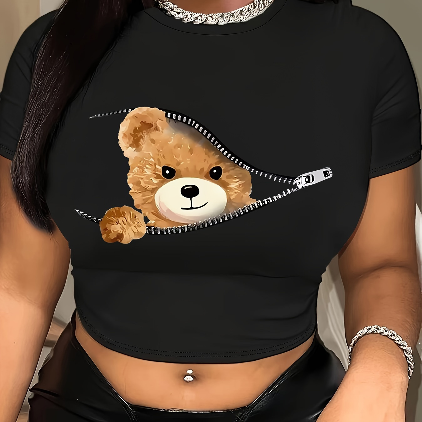 

Cartoon Bear Print Crop T-shirt, Sexy Short Sleeve Slim Top For Spring & Summer, Women's Clothing