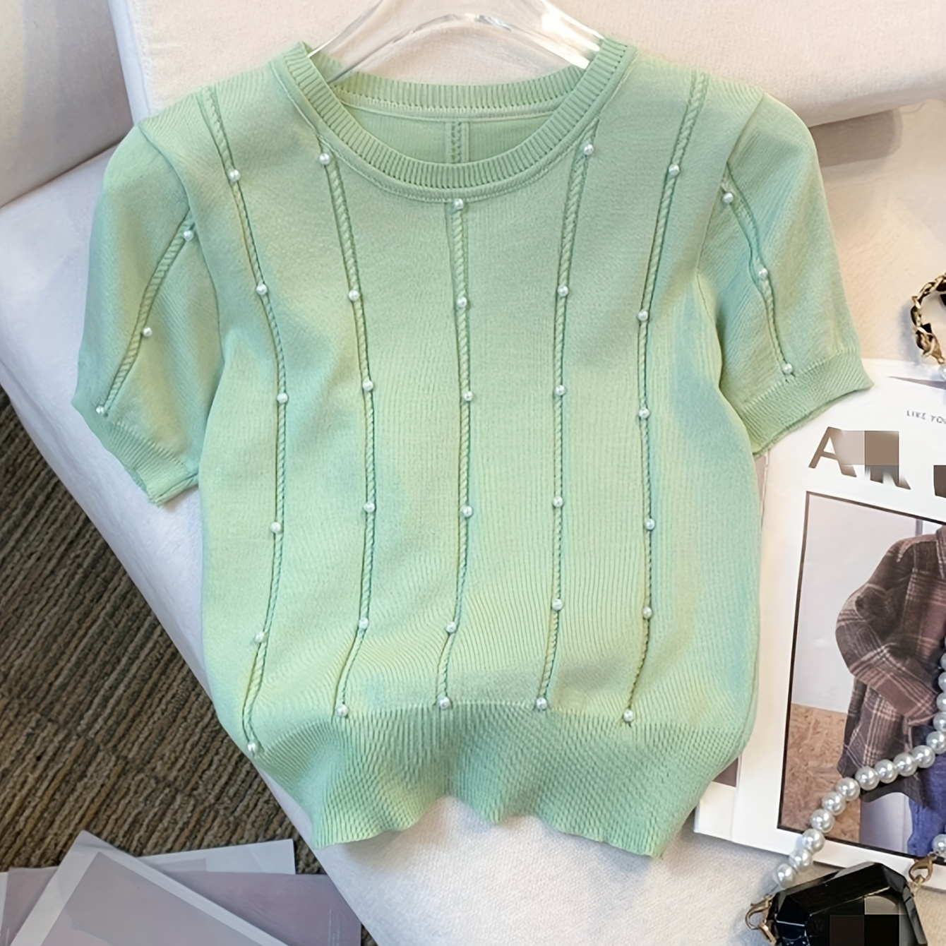 

Solid Color Crew Neck Beaded Sweater, Chic Short Sleeve Knit Top For Spring & Summer, Women's Clothing