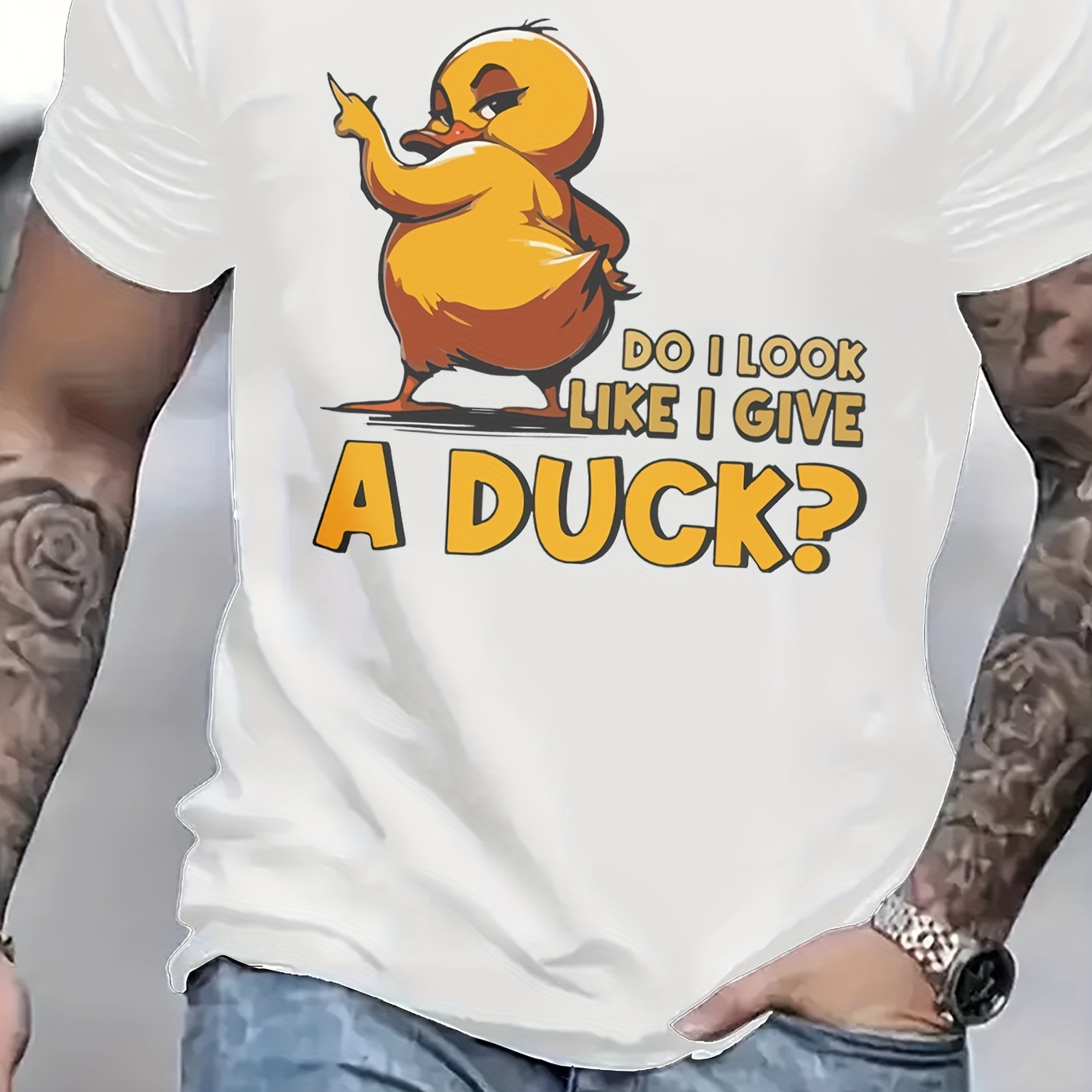 

do I Look Like A Duck" Fun Little Yellow Duck Men's Print, Men's Casual Short Sleeve Crew Neck T-shirt, Summer Outdoor