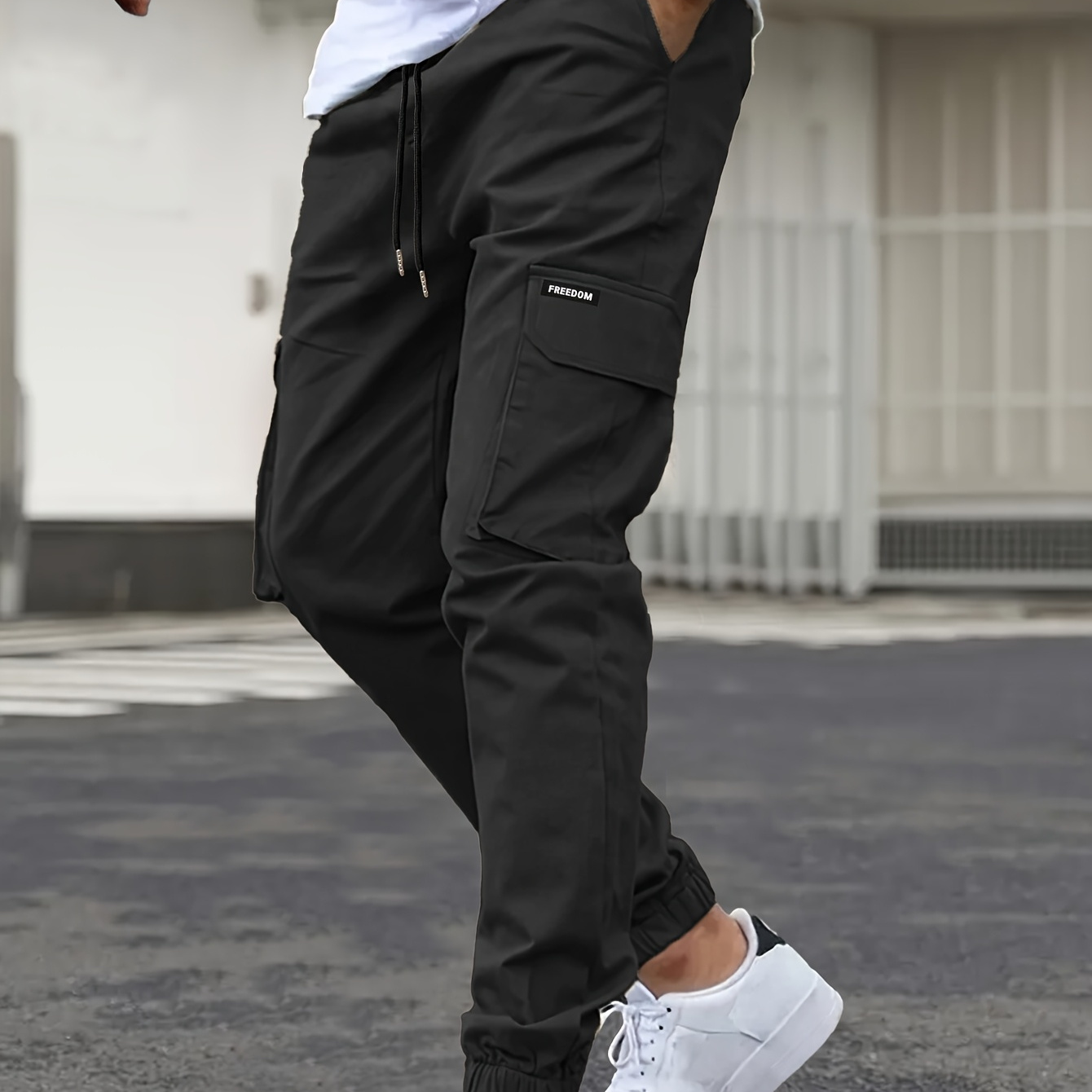 

1pc Men's Casual Cargo Joggers, Solid Color Polyester Sports Pants With Drawstring Waist, Multi-, Non-stretch Woven Fabric, Streetwear