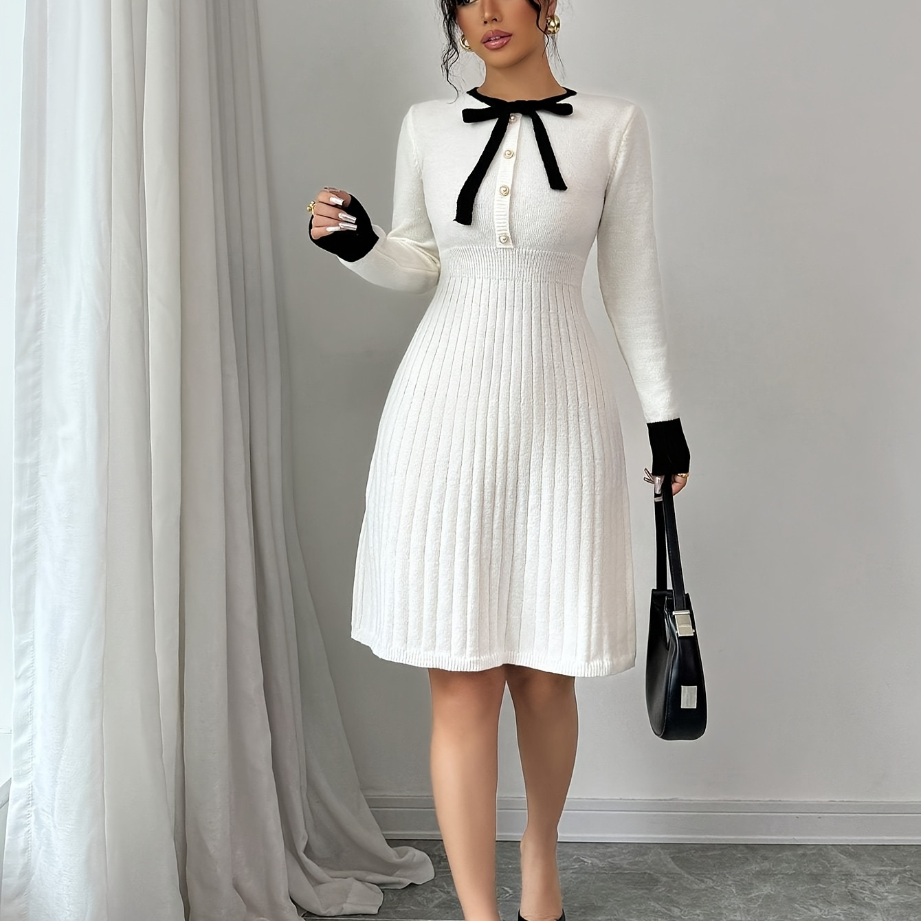 

High Waist Apricot Colorblock Knitted Long Sleeve Dress With Tie, Round Neck, Autumn/winter