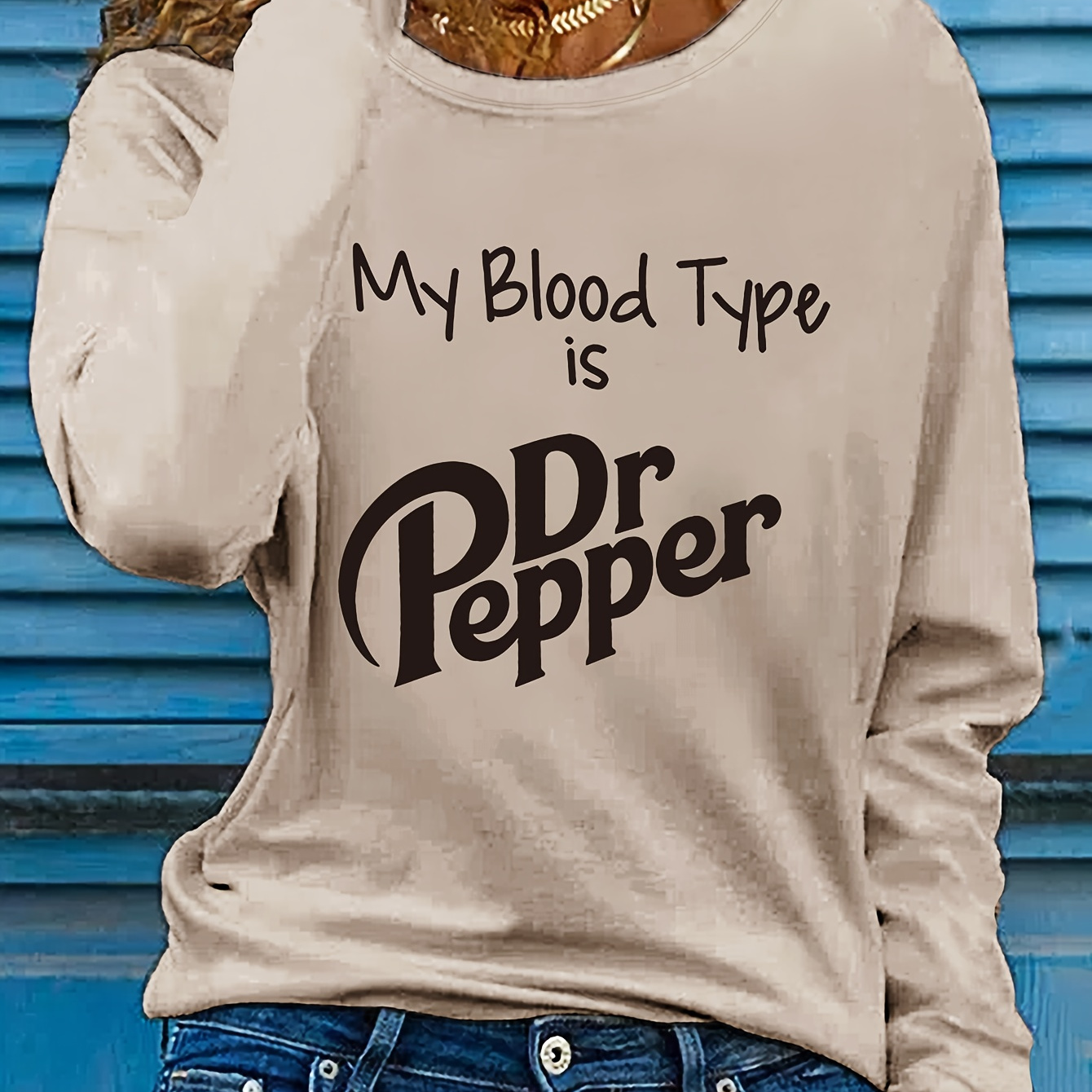 

Casual Crew Neck Long Sleeve T-shirt With "my Is Dr Pepper" Applique - 100% Polyester Knit Fabric, Alphabet Pattern, Regular Length For Fall Season