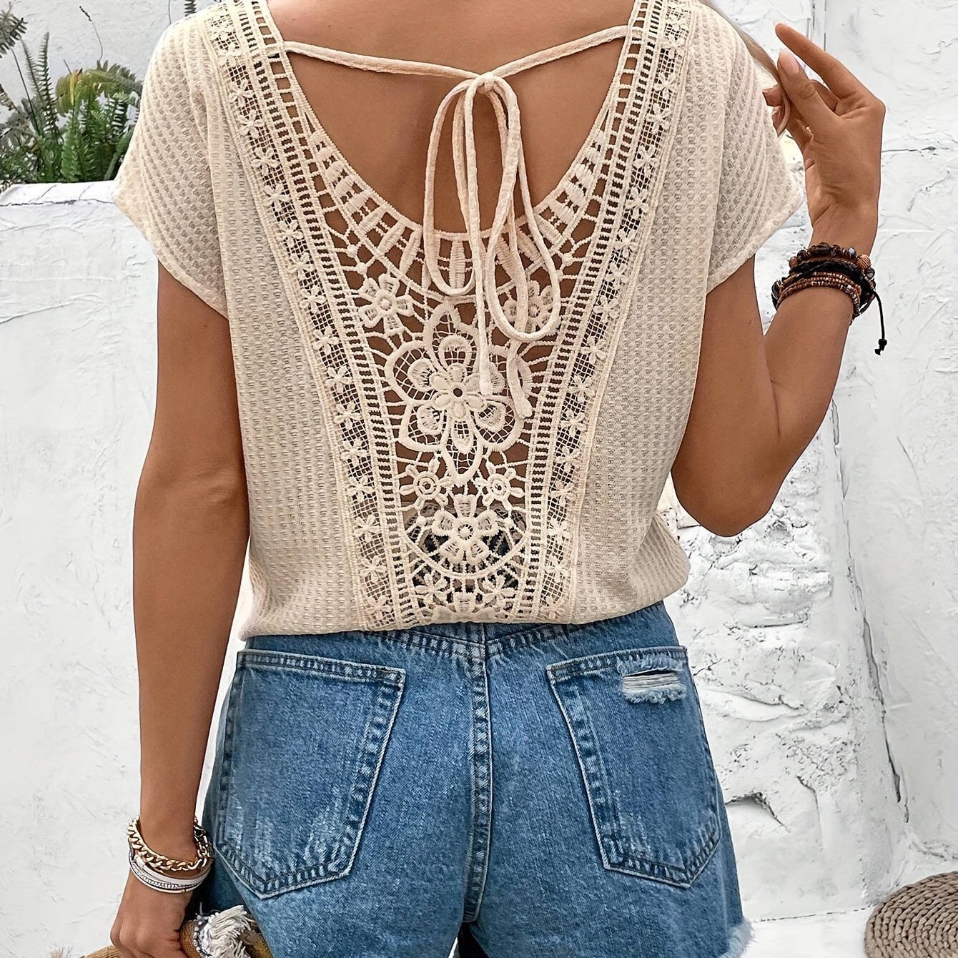

Contrast Lace V Neck Waffle T-shirt, Elegant Tied Back Batwing Sleeve Top For Spring & Summer, Women's Clothing