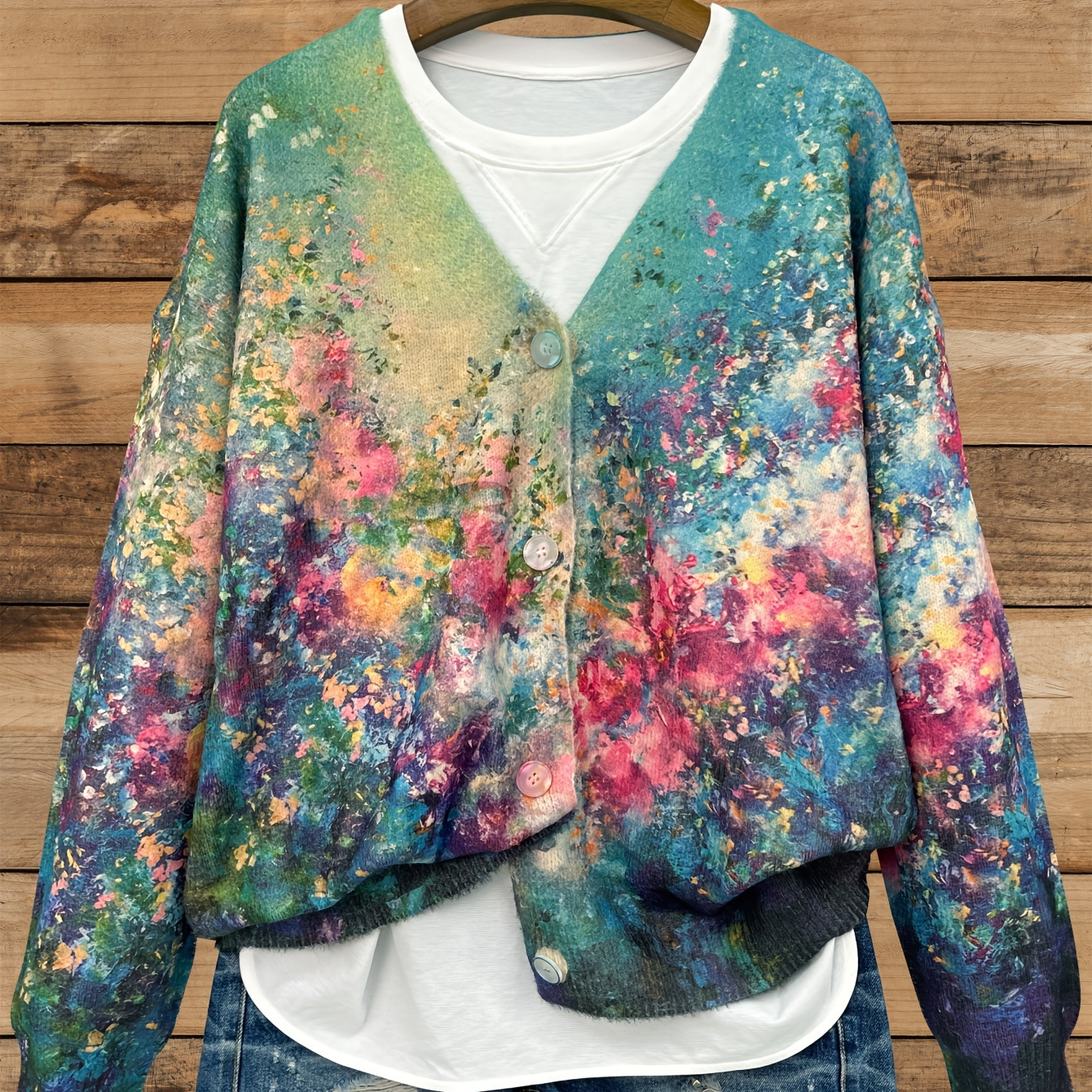 

Cardigan Grande Taille à Imprimé Intégral Vibrant - Col V Décontracté, Pull en à Manches Longues pour Femme, Mélange de Polyester et Spandex, pour /Hiver, Cardigan Grande Taille