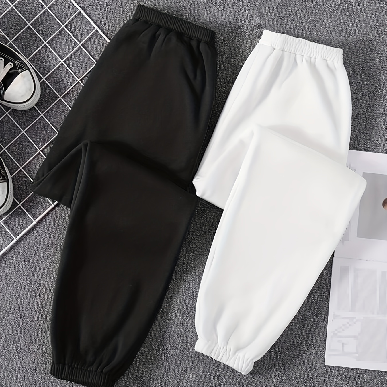 2 Pack Simple Loose Pocket Sweatpants, Casual High Waist Fashion Long Sweatpants, Women's Clothing