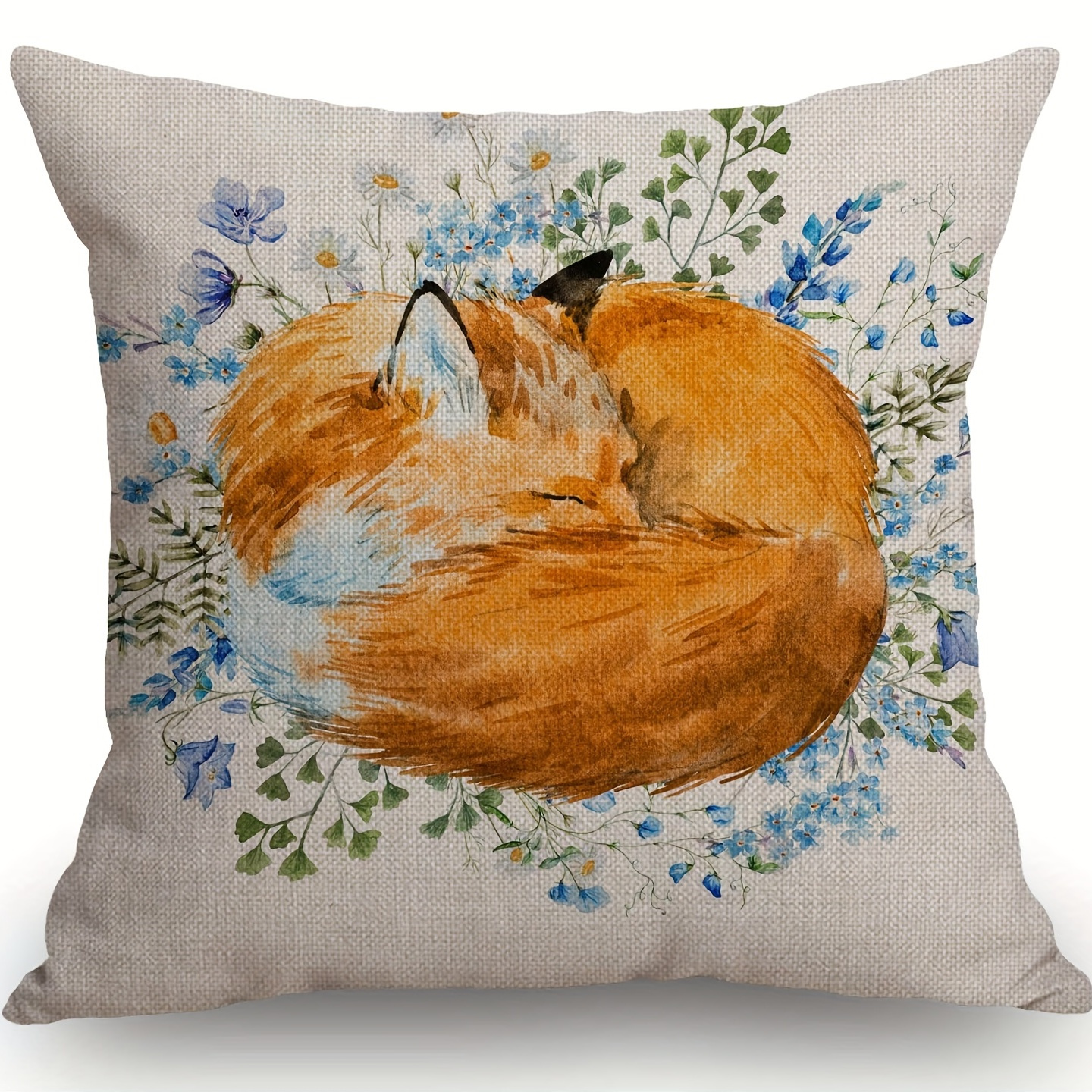 

1pc Farmhouse Style Watercolor Sleeping Fox Throw Pillow Cover - Soft Cotton Linen Cushion Case For Home Decor - 18x18 Inch