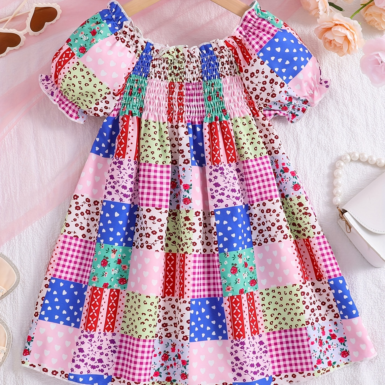

Toddler Girls Patchwork Graphic Puff Sleeve Princess Dress