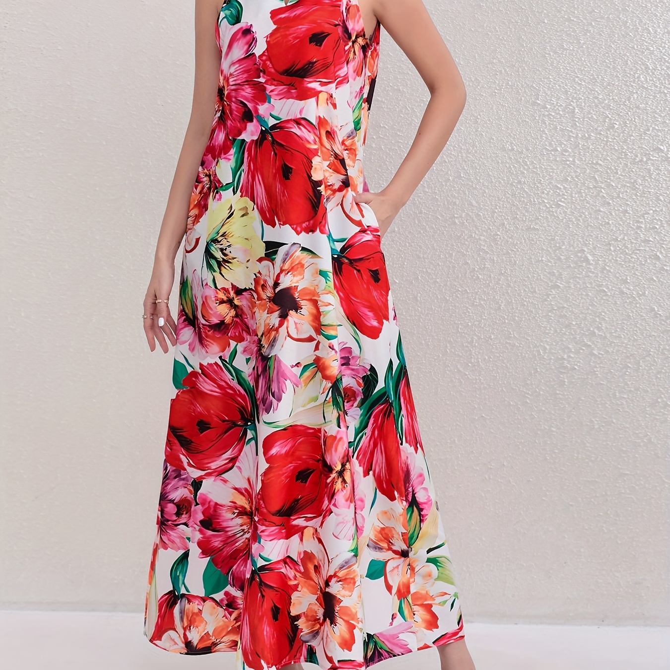 TEMU Floral Print Notched Neck Tank Dress, Vacation Style Sleeveless A-line Dress For Spring & Summer, Women's Clothing