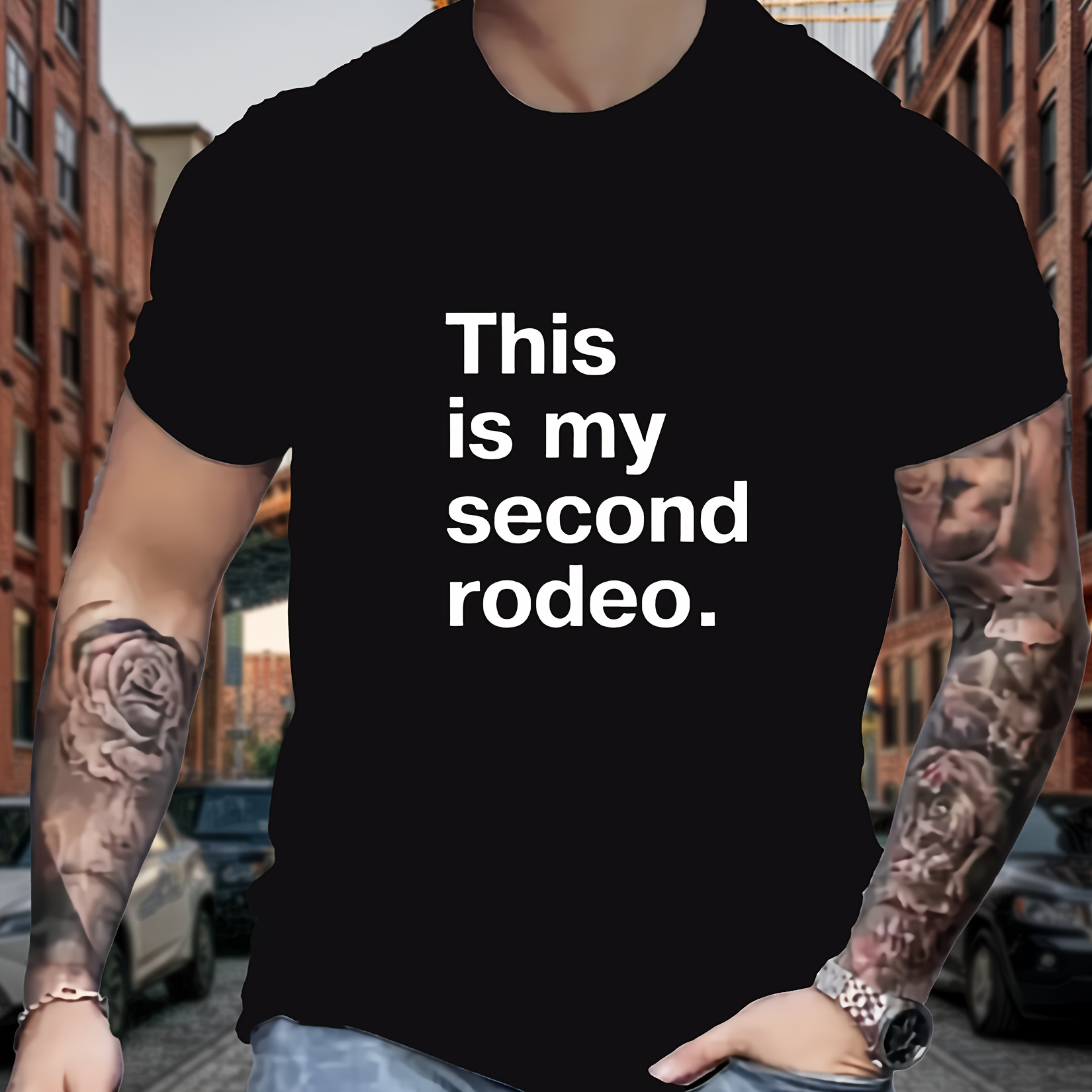 

' This Is My Second Rodeo ' Print Men's Crew Neck Short Sleeve T-shirt, Summer Casual Comfy Top For Outdoor Fitness & Daily Wear