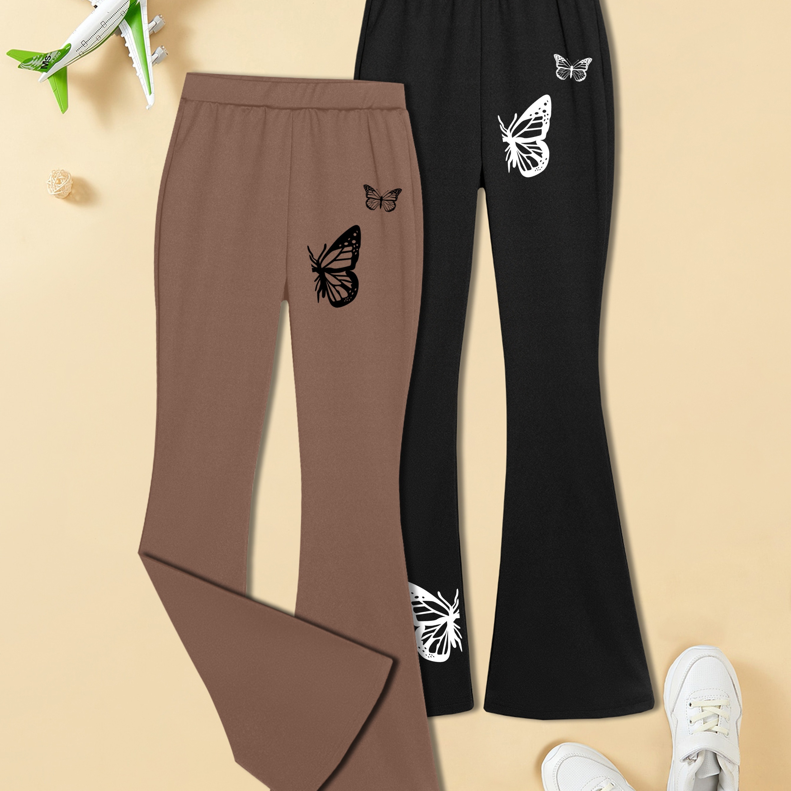 

Girl's 2 Pcs Casual Comfy Straight-leg Knit Stretch Flared Pants With Fashion Butterflies Silhouettes Graphic Print For Daily And Outdoor Wear, Autumn And Winter