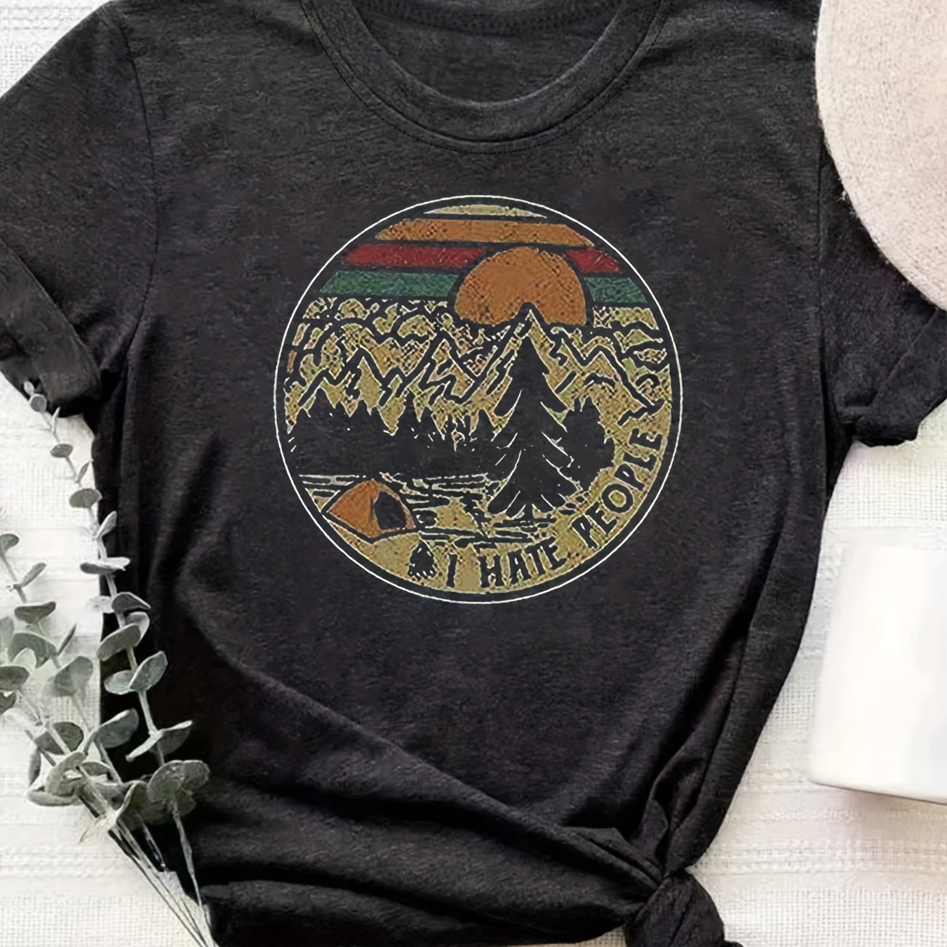 

Camping Letter Print T-shirt, Casual Crew Neck Short Sleeve T-shirt, Women's Clothing