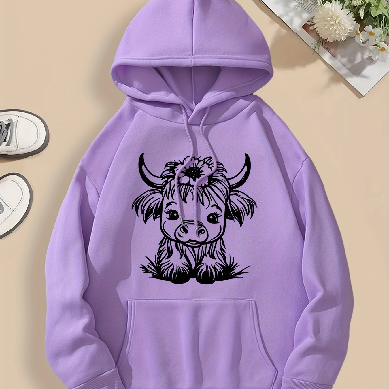 

Cartoon Cow Print Hoodie, Casual Hooded Sweatshirt With Embossed Design, Unisex Long Sleeve Pullover With Pocket, Soft Polyester Knit Fabric, Animal Pattern, All-season Hoodie