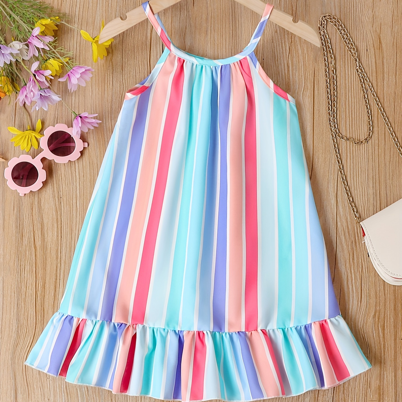 

Girl's Rainbow Striped Spaghetti Strap Sleeveless Ruffle Hem Halter Short Dresses, Party Beach Dress