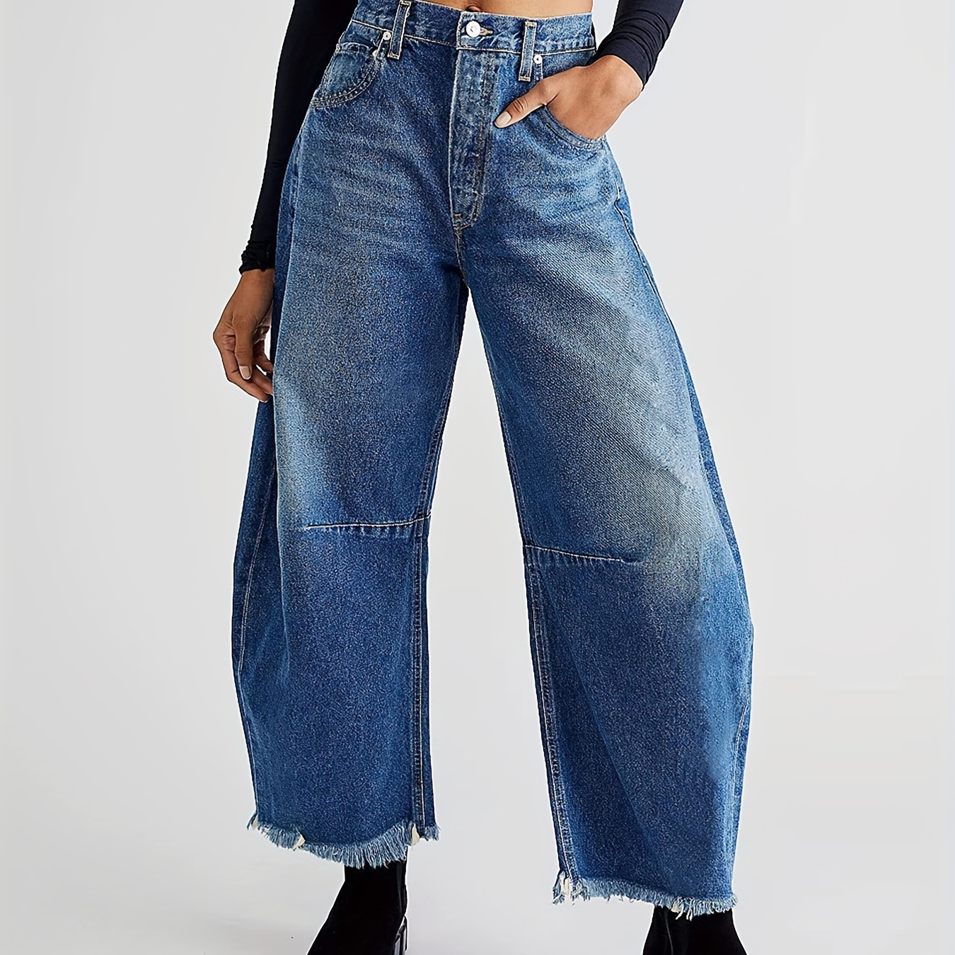 

Women's High-waisted Wide Leg Horseshoe Jeans, Casual Frayed Hem Denim Pants, Loose Fit Fashion Trousers, Streetwear Essentials For Fall & Winter