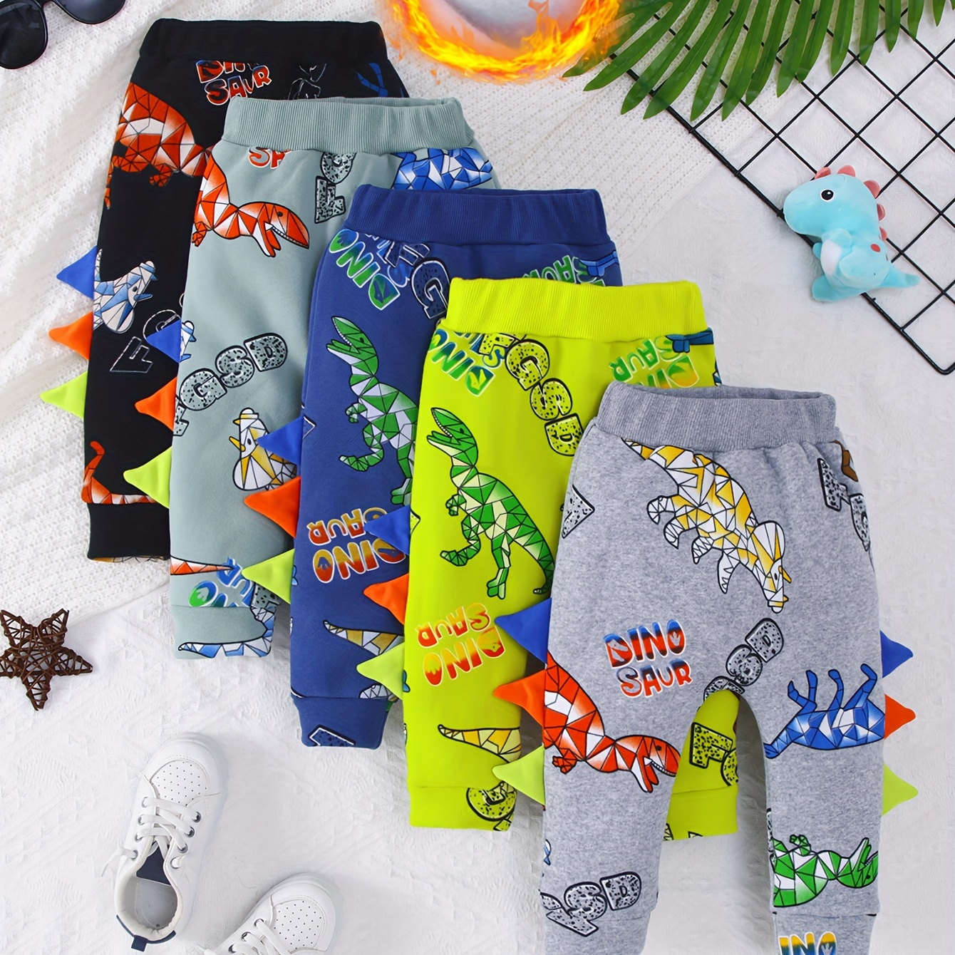 

5pcs Baby's Cartoon Dinosaur Pattern Warm Fuzzy Casual Pants, Elastic Waist Trousers, Toddler & Infant Boy's Clothing For Fall Winter