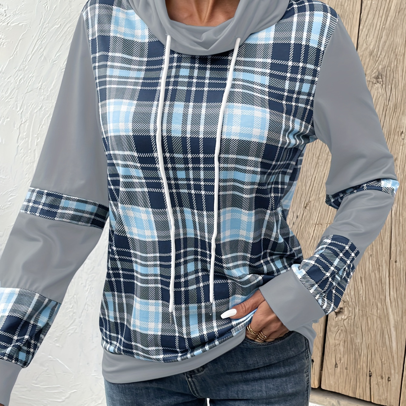 

Plaid Print Drawstring Sweatshirt, Long Sleeve Cowl Neck Casual Sweatshirt, Women's Clothing