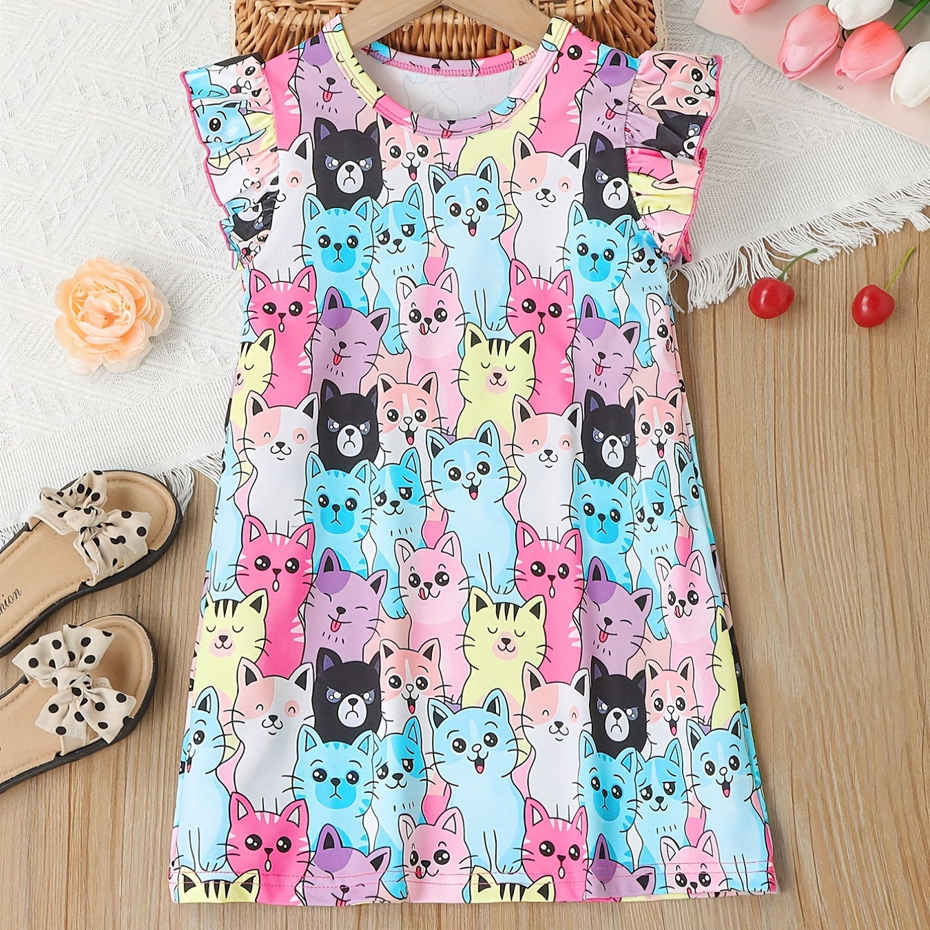 

Girls Cartoon Cat Pattern Flying Sleeve Round Neck Comfortable Casual Vacation Dress For Summer