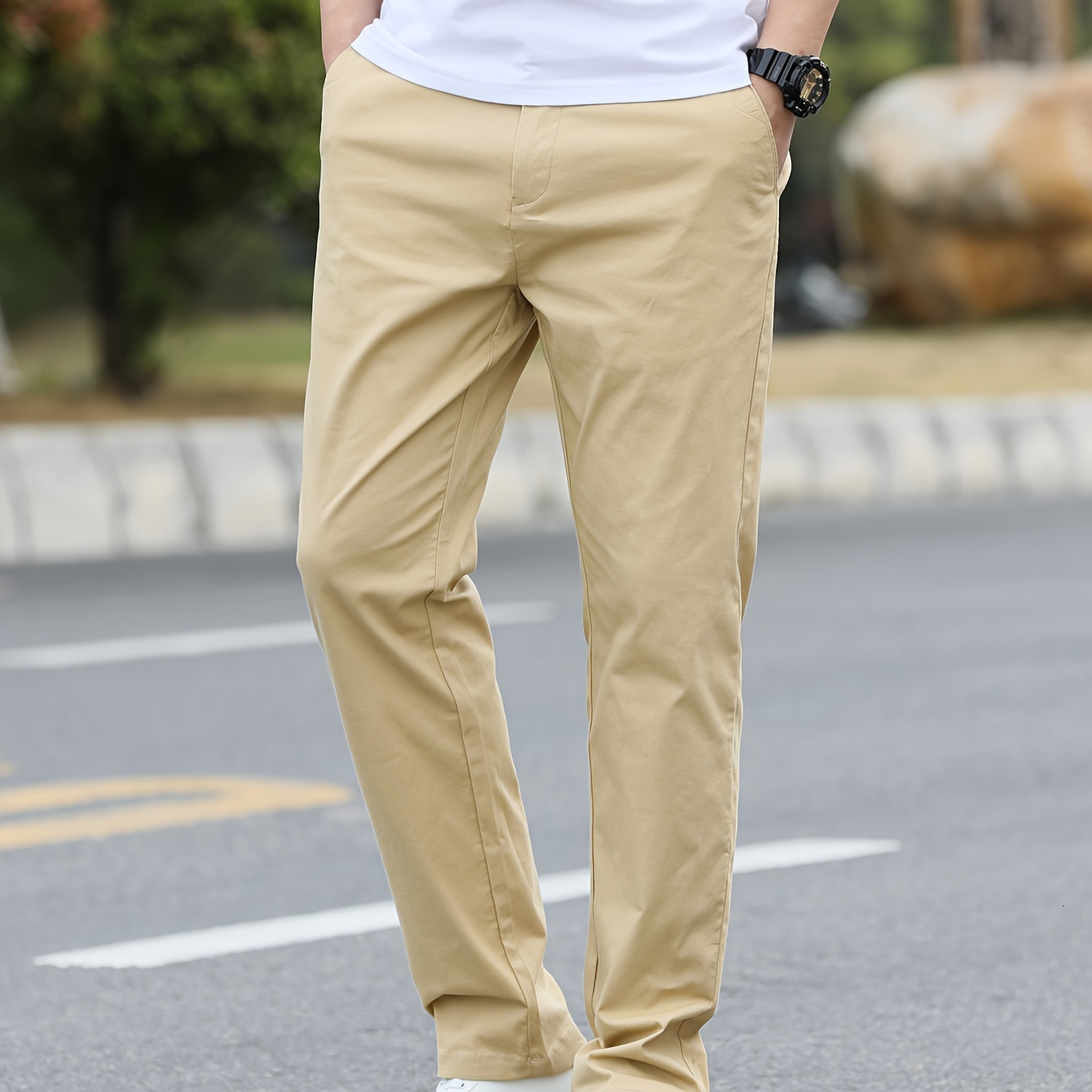 

Men's Solid Pants With Pockets, Casual Cotton Trousers For Outdoor Activities Gift