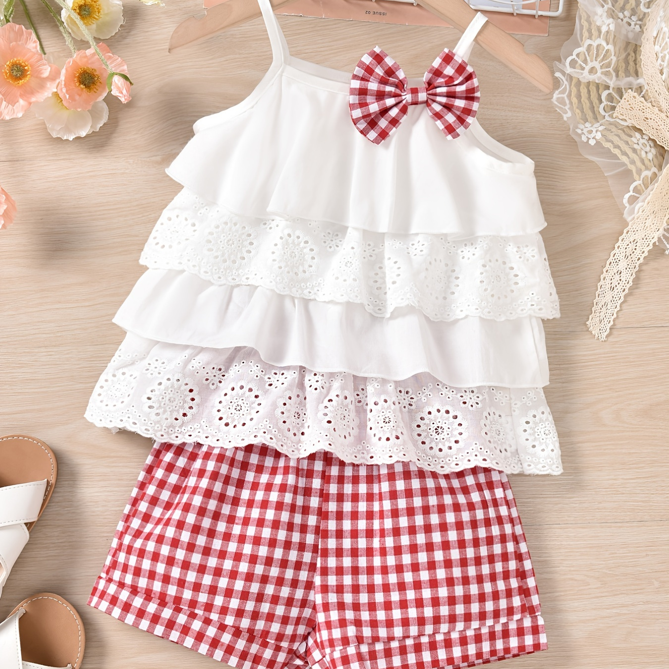 2pcs Girls Ruffles Flower Hollow Bow Cami Top & Elastic Waist Plaid Shorts Set Kids Summer Clothes