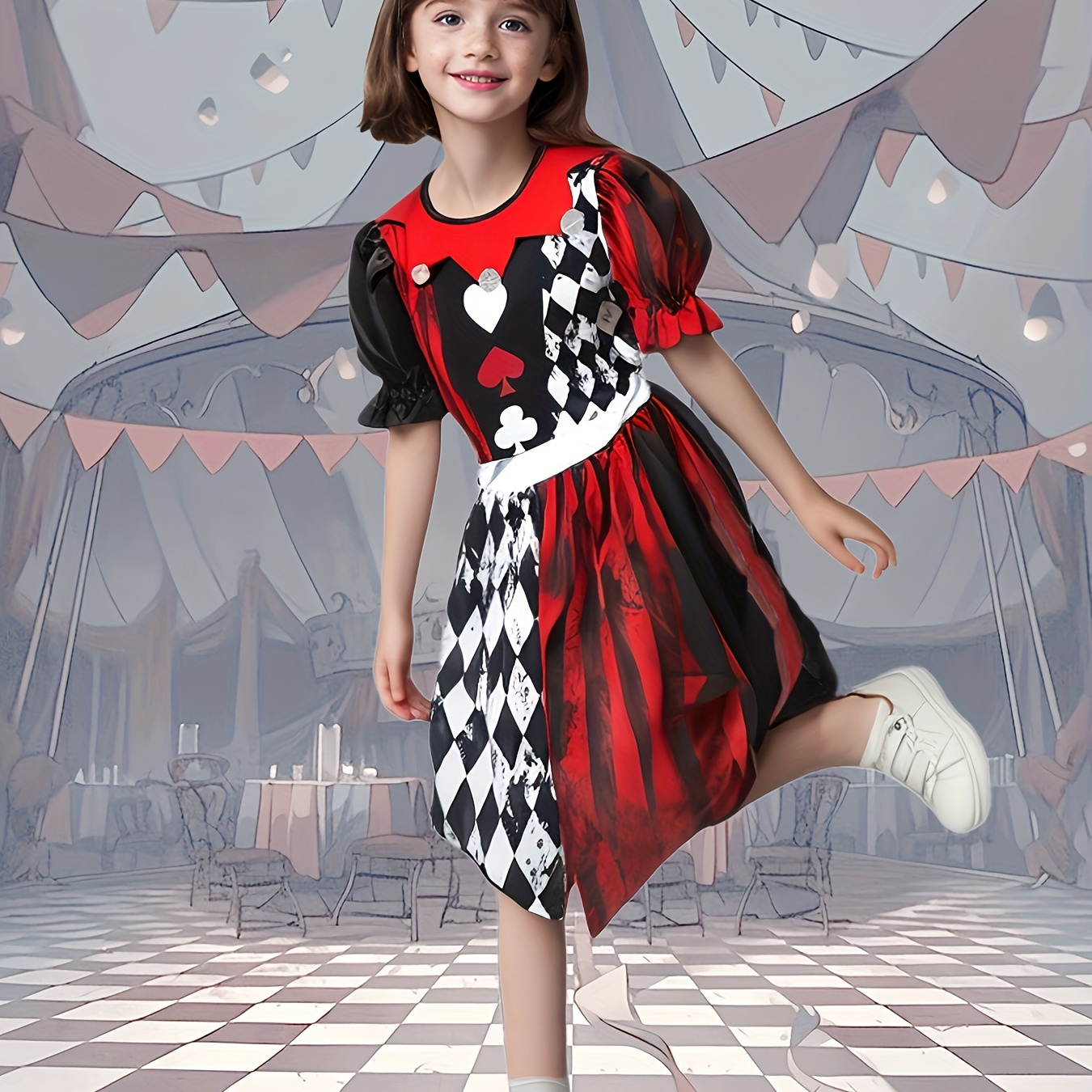 

Girls Fun & Festive Clown Dress Up Outfit, Poker Pattern Puff Sleeve Dress & Headband For Halloween Party