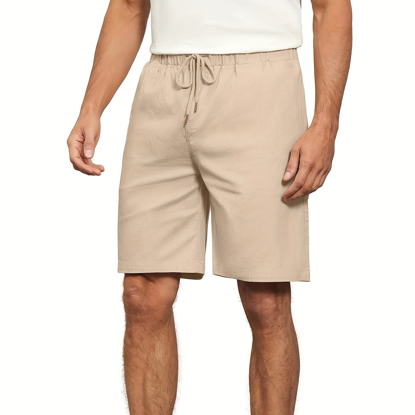 

Plus Size Men's Casual Classic Short, Elastic Waist Summer Linen Beach Shorts Lightweight Loose Mid Pants With Pockets