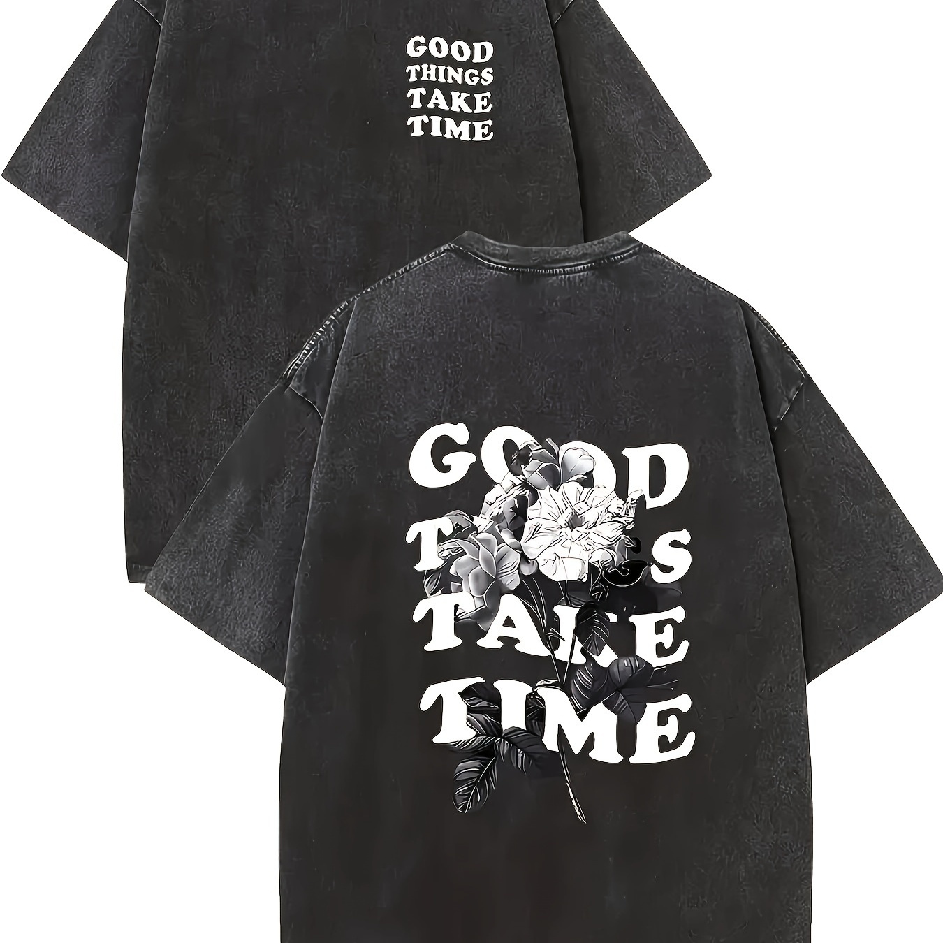 

Good Things Takes Time Printed Water Washed Retro Dyed Pure Cotton Men's T-shirt, Casual Loose Fit, Round Neck, Summer, Pattern Details, Machine Washable