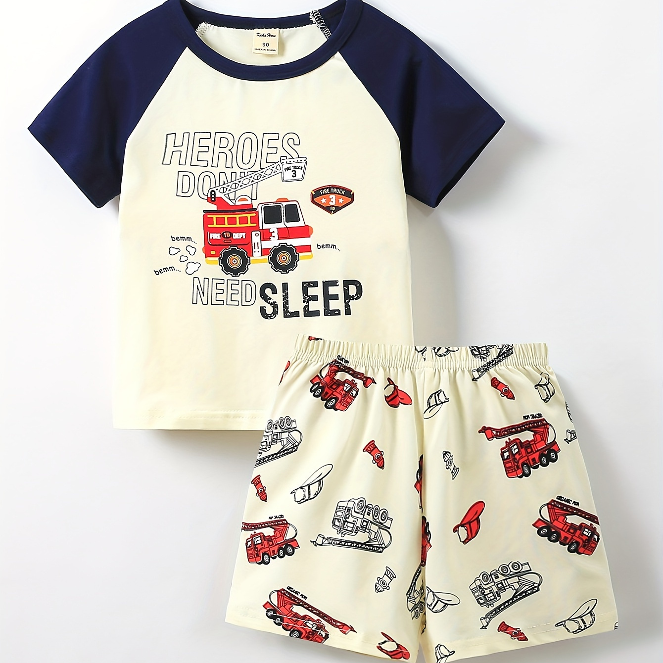 

Boys Letter & Fire Truck Printed Pajamas Set Short Sleeve Tops & Bottoms Comfortable Cozy Casual Homewear