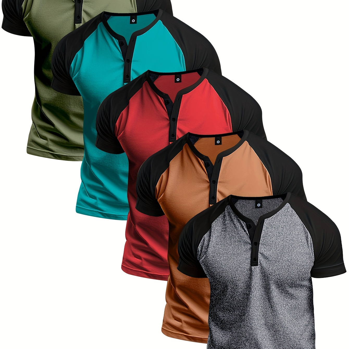 

5pcs Raglan Sleeve Henley Shirt Men's Short Sleeve T-shirt Summer Casual Sportswear Button Round Neck Top