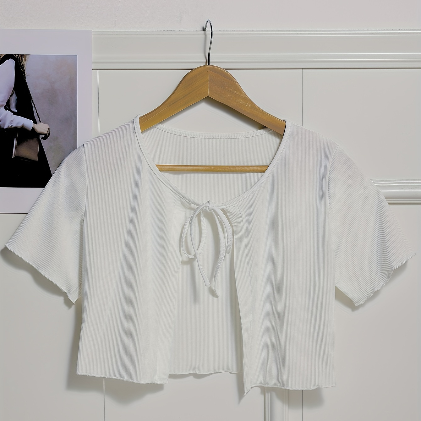 

Lace Up Knit Cardigan, Casual Short Sleeve Crop Top For Summer, Women's Clothing