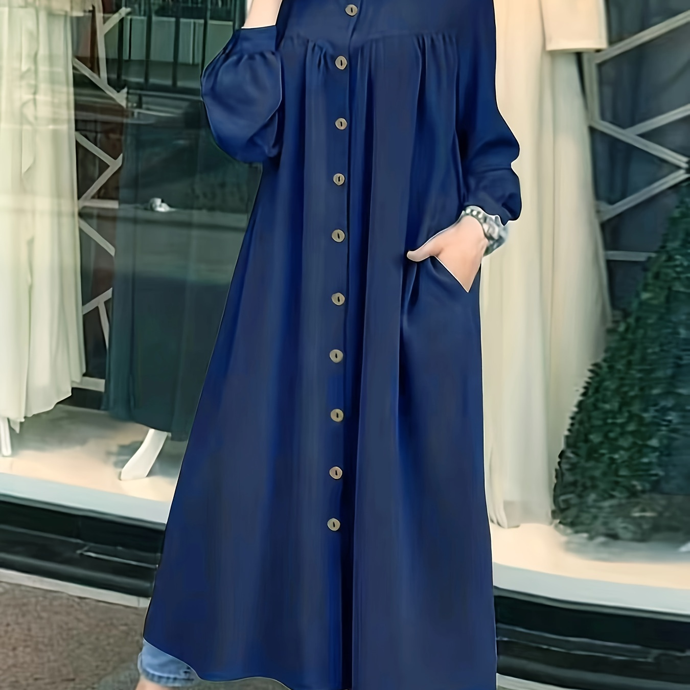 

Ramadan Solid Button Front Burqas, Elegant Long Sleeve Outwear, Women's Clothing