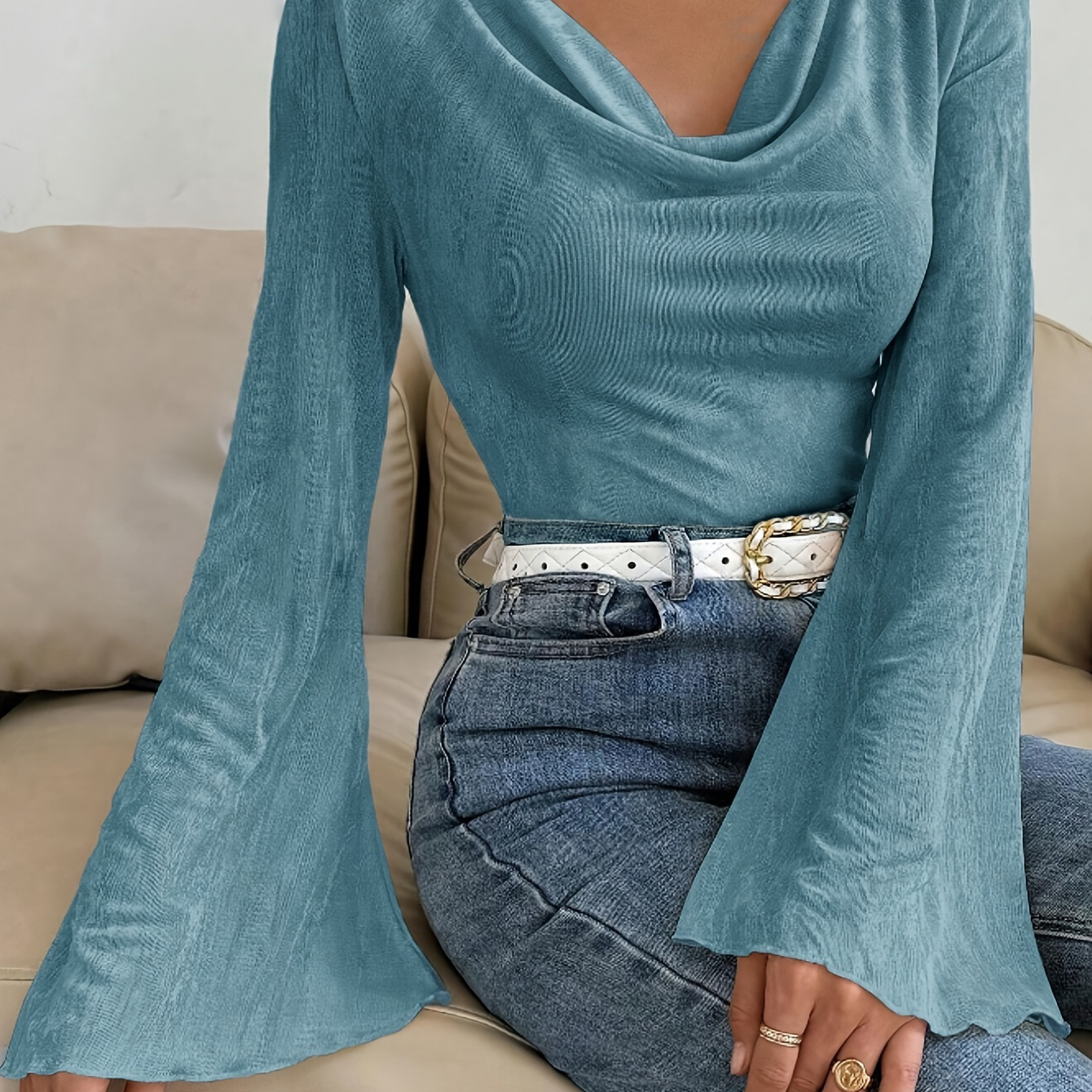 

Solid Color Slim Flare Sleeve T-shirt, Elegant Cowl Neck Top For Spring & Fall, Women's Clothing