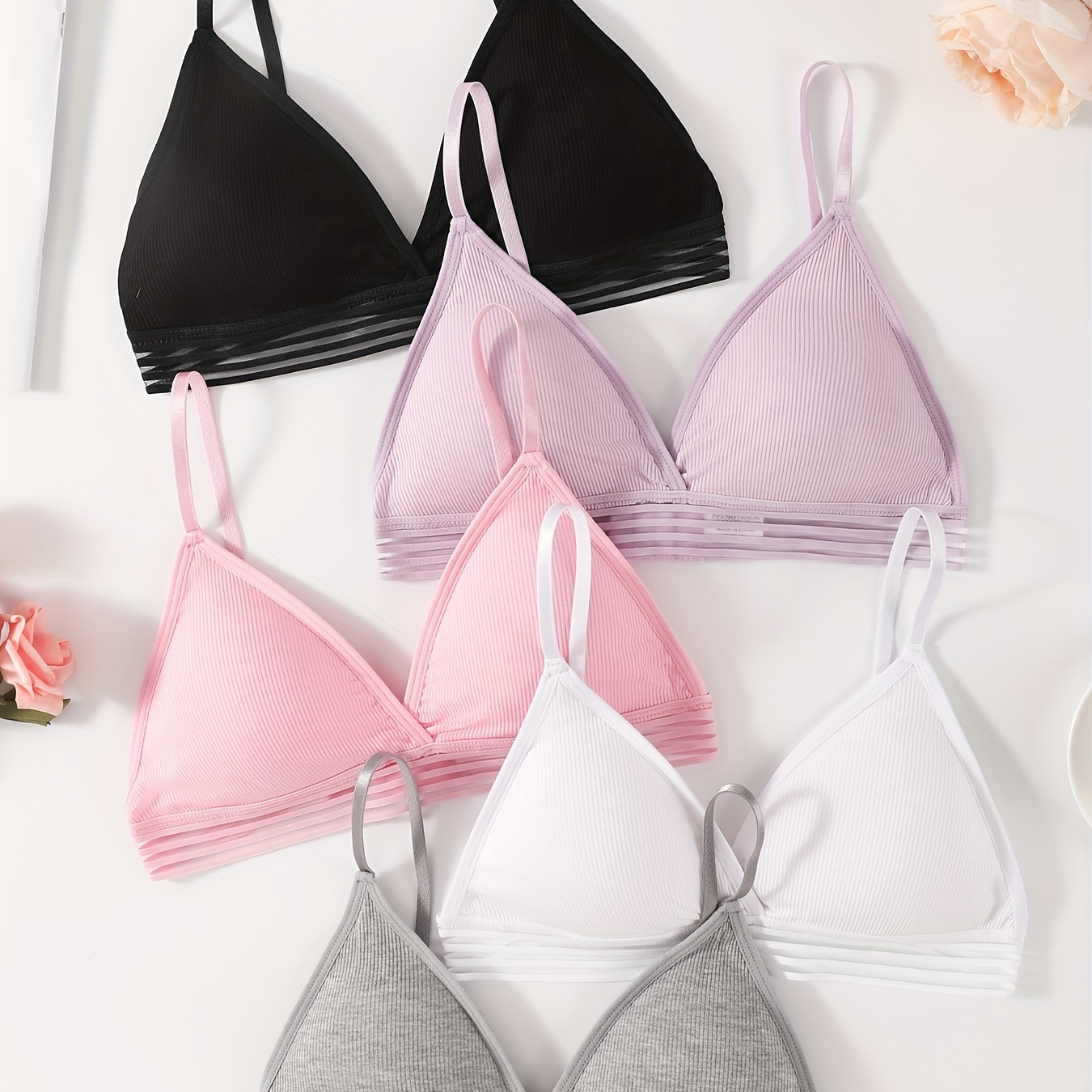 

5pcs Women's Ribbed Wireless Bras - Comfortable & Breathable, Striped Design With Removable Pads, Spandex/elastane , Non-see-through - In Black, Pink, Purple, White, Gray