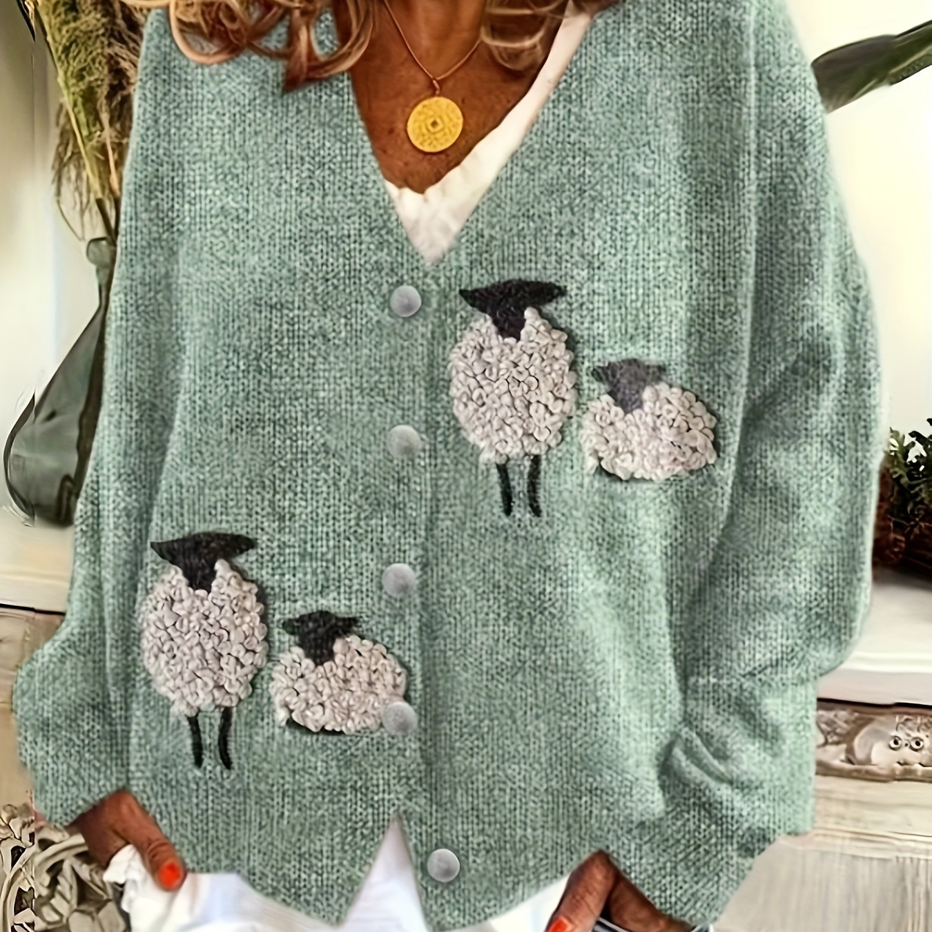 

Sheep Pattern V Neck Cardigan, Casual Button Front Drop Shoulder Long Sleeve Cardigan For Winter & Fall, Women's Clothing