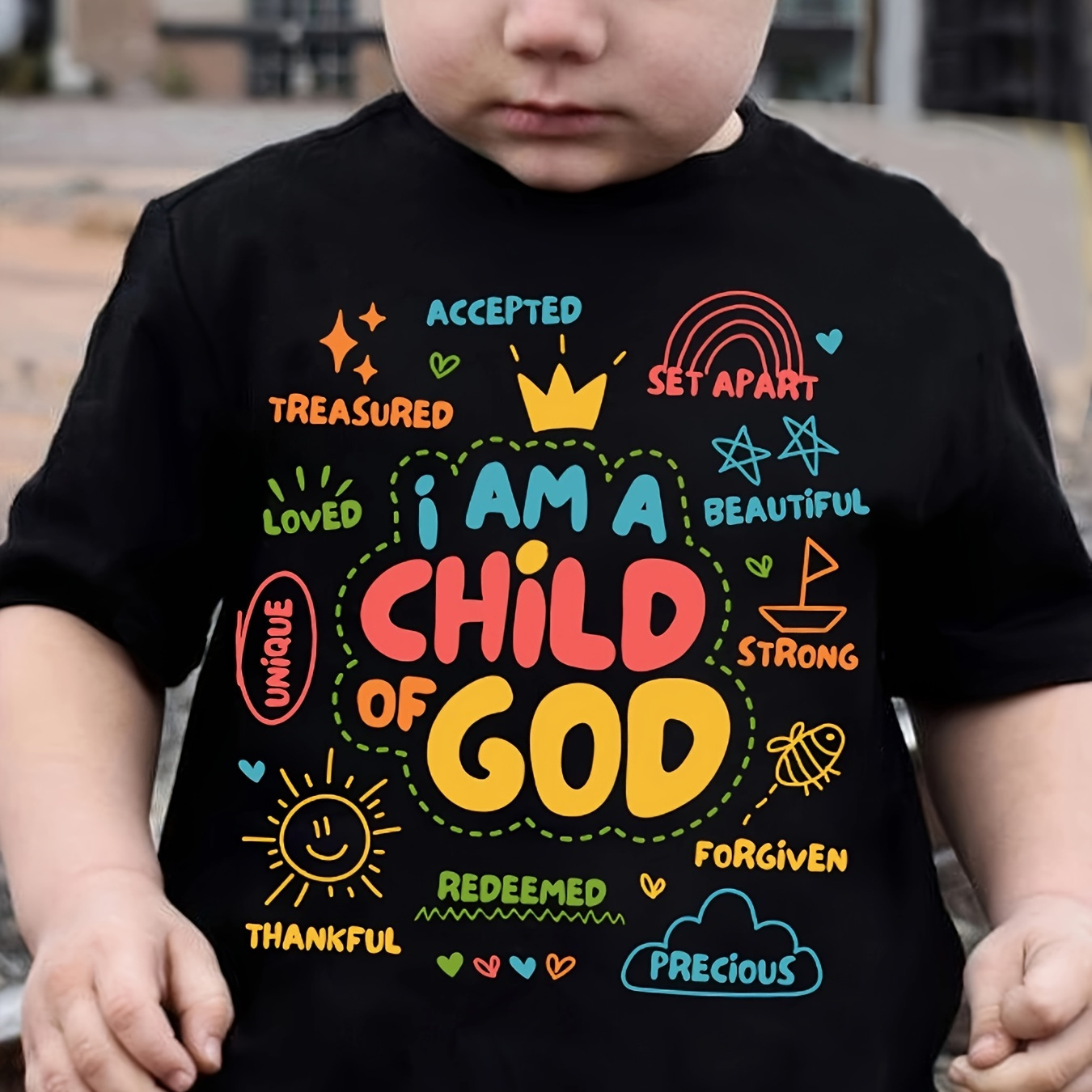 

Colorful Letter I Am A Child Of God Letter Print Boys Creative T-shirt, Casual Lightweight Comfy Short Sleeve Tee Tops, Boys Clothes For Summer