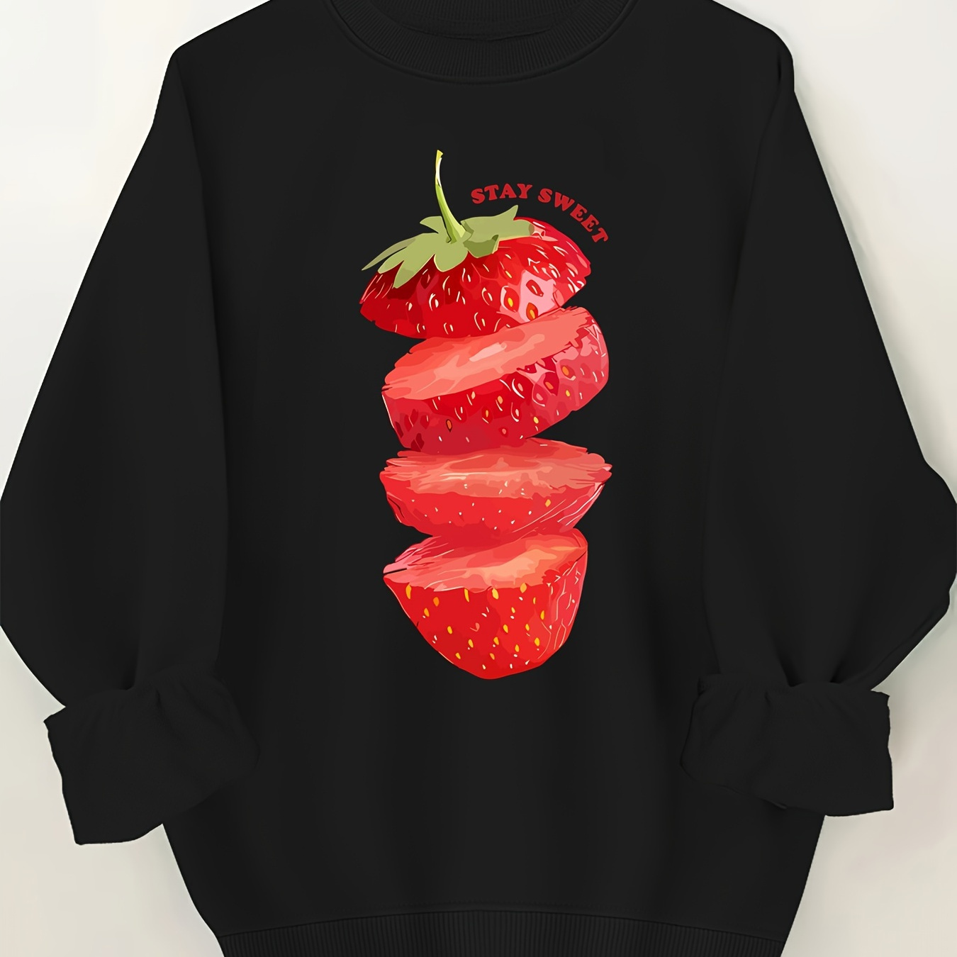 

Spring , Women's Plus Size Strawberry Print Sweatshirt - Casual Crew Neck Pullover For Spring & Fall, Machine Washable