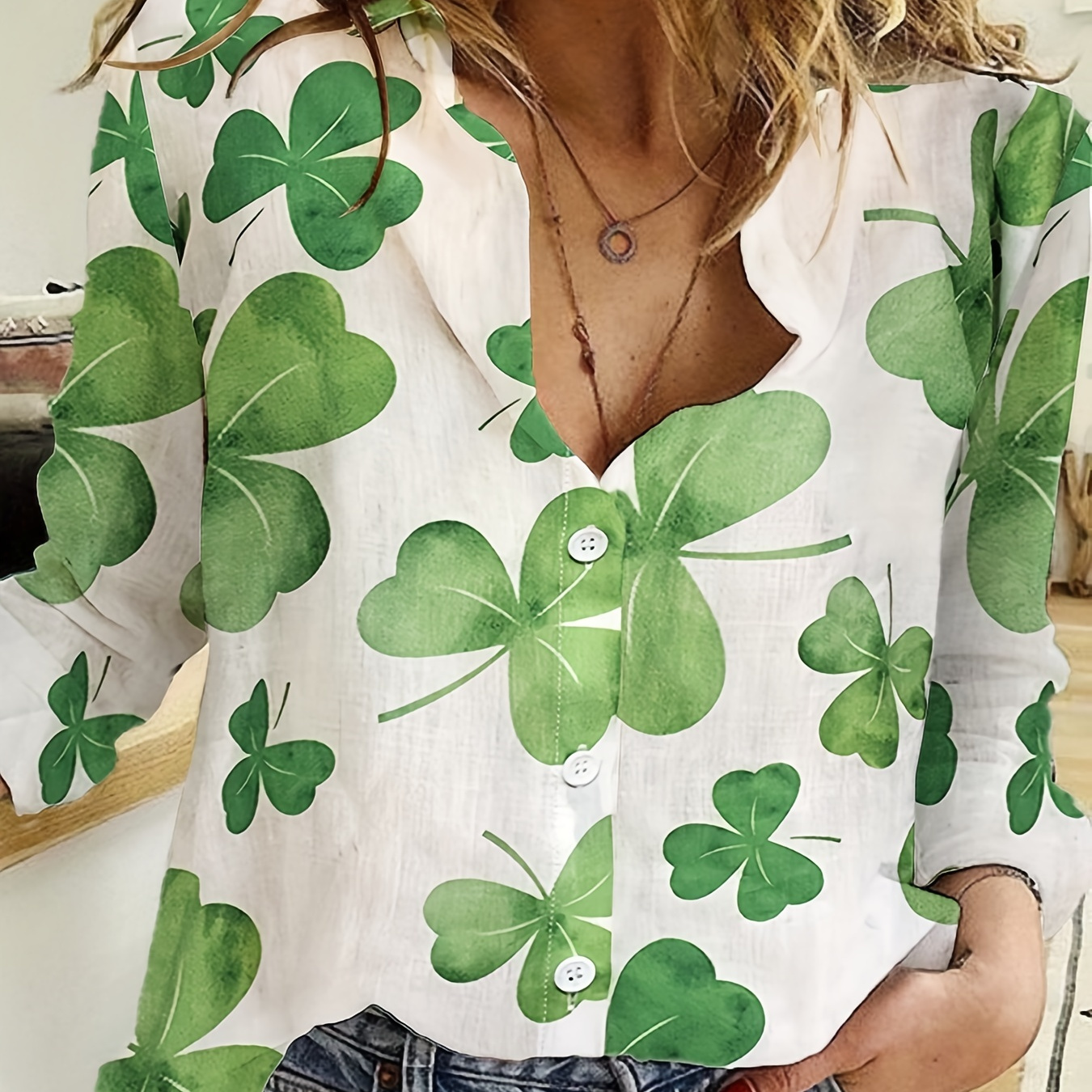 

Shamrock Print Shirt, Casual Button Front Long Sleeve Shirt, Women's Clothing