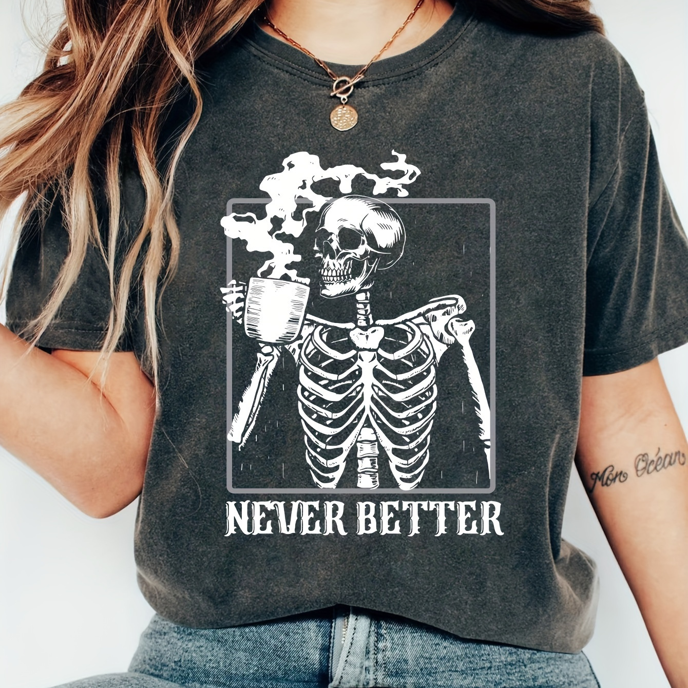 

Skeleton Print Crew Neck T-shirt, Short Sleeve Casual Top For Spring & Summer, Women's Clothing