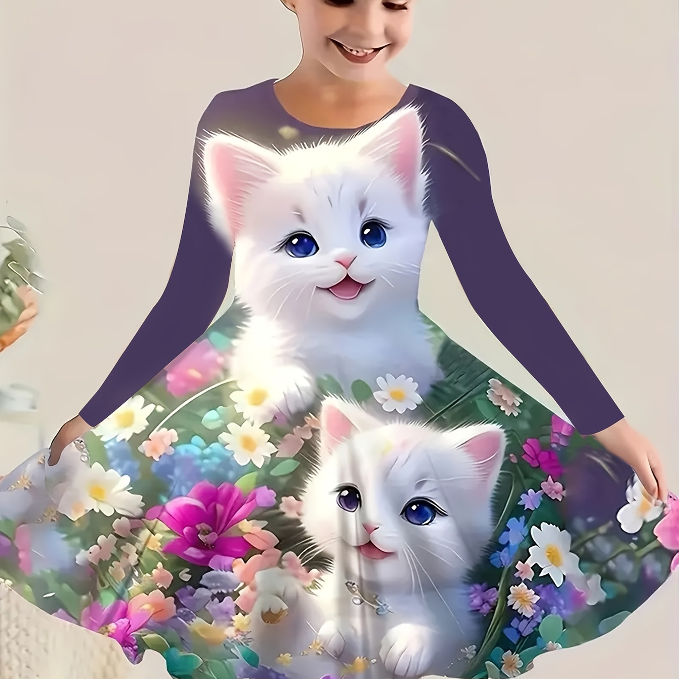 

3d Cat Print Long Sleeve Dress For Girls - Soft, Breathable & Comfy Casual Summer Wear With Umbrella Skirt Design