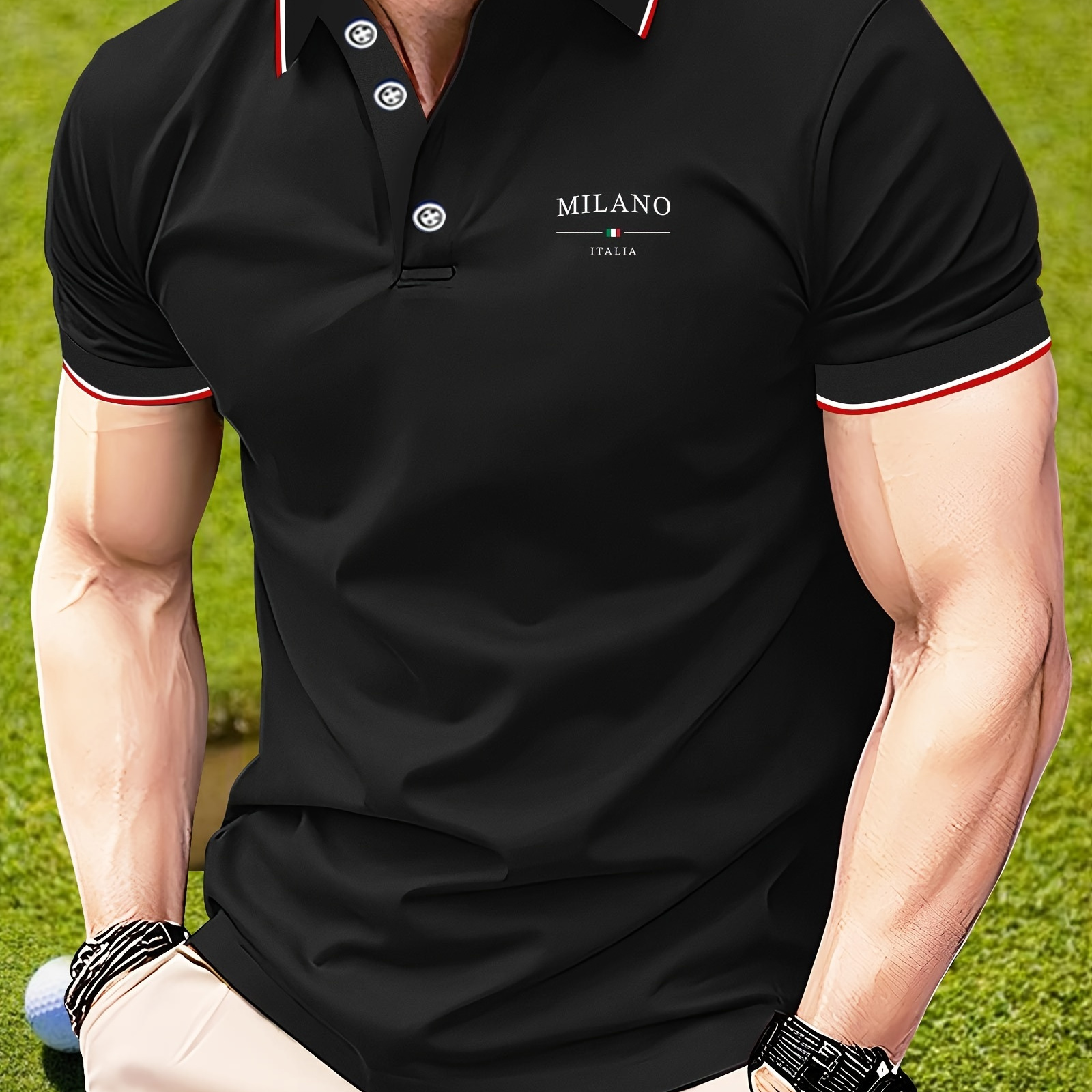 

Letter Milano Print Men's Short Sleeve Golf Shirt, Business Casual Comfy Top For Tennis Training