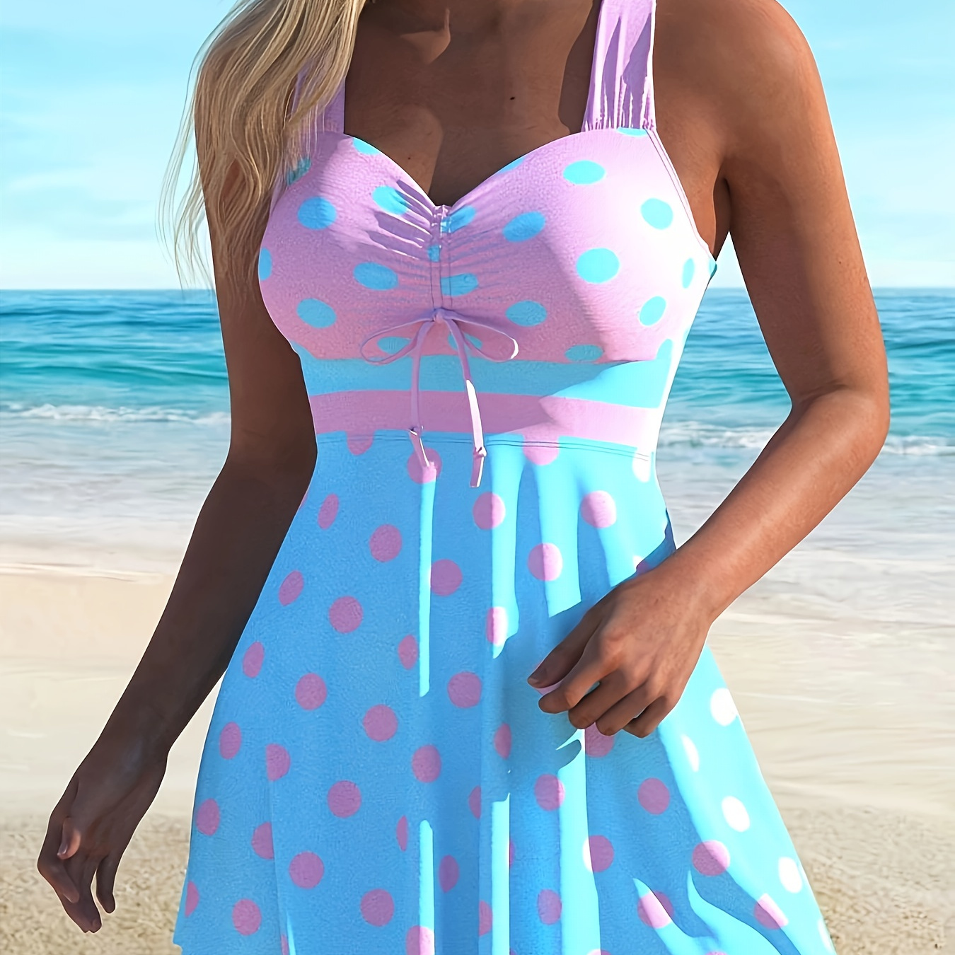 

Plus Size Elegant Tankini Set, Women's Plus Colorblock Polka Dot Print Lace Up Back Tank Top & Shorts Swimsuit 2 Piece Set