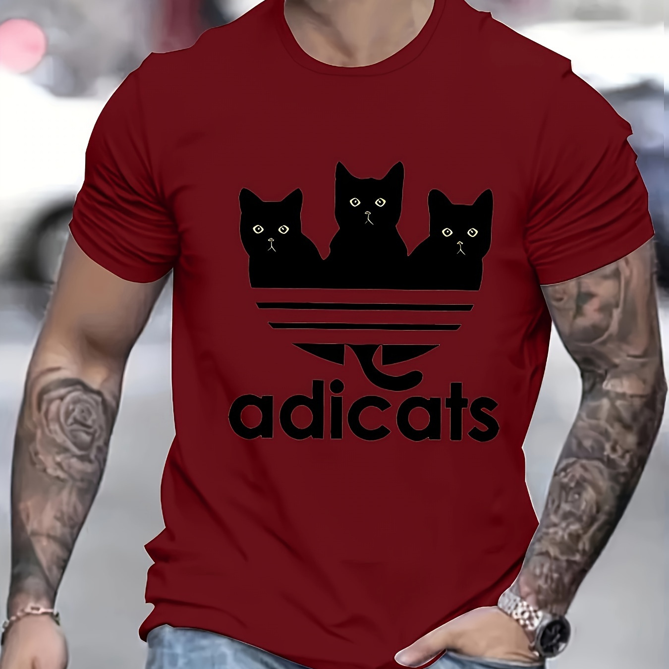 

Cute Cat & Letter Print Men's T-shirt, Casual Versatile Short Sleeve Crew Neck Tee Top, Men's Summer Clothing